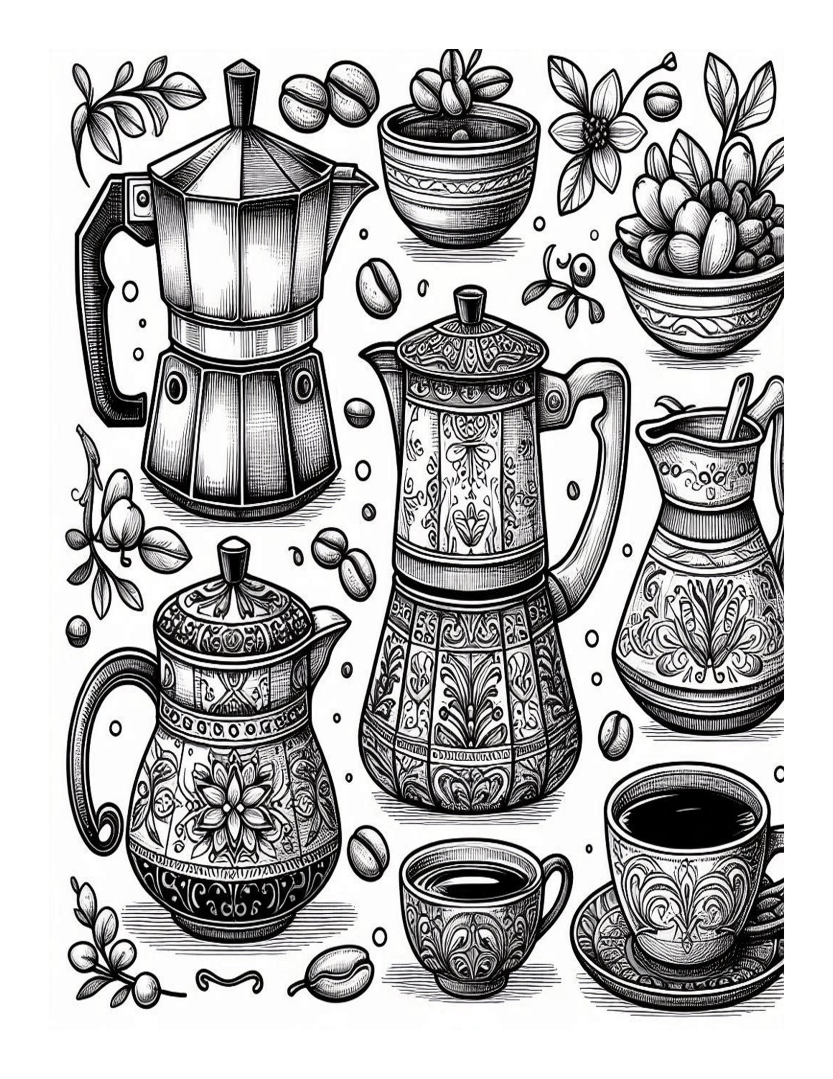 Grayscale Coffee Pot Set Coloring Pages 