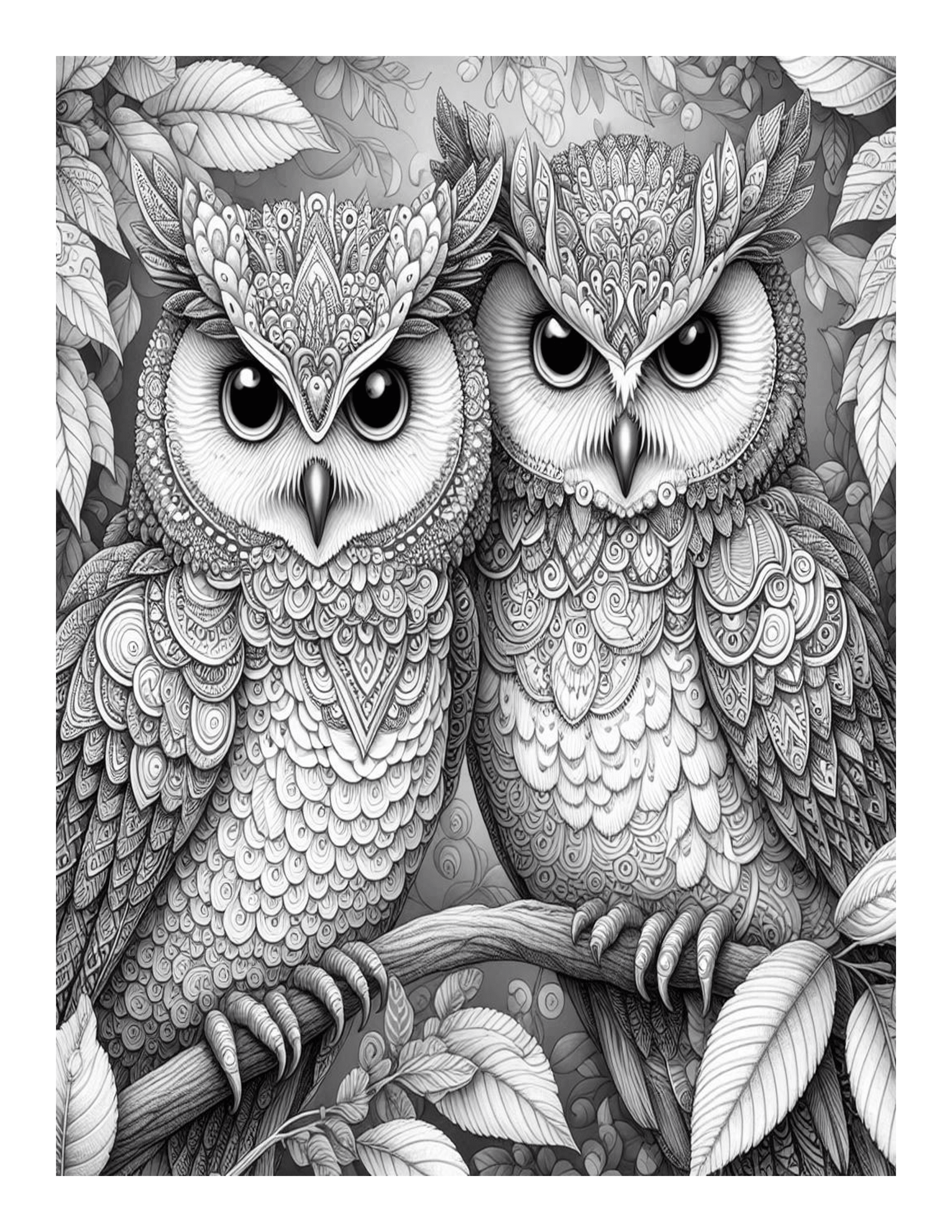 Grayscale Beautiful Owls Designs Coloring Pages 