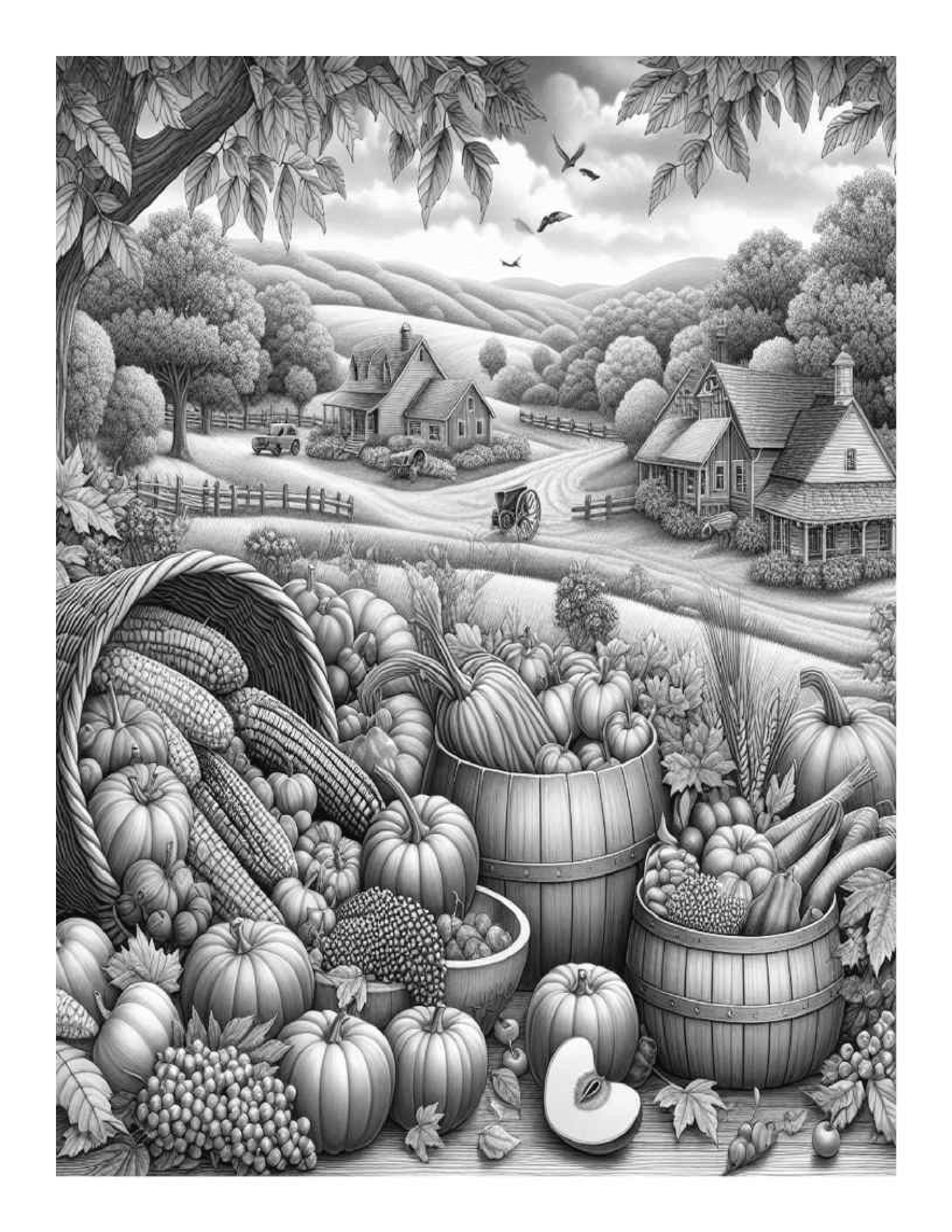 Grayscale Autumn Harvest Scenes Coloring Pages (Printable PDF)