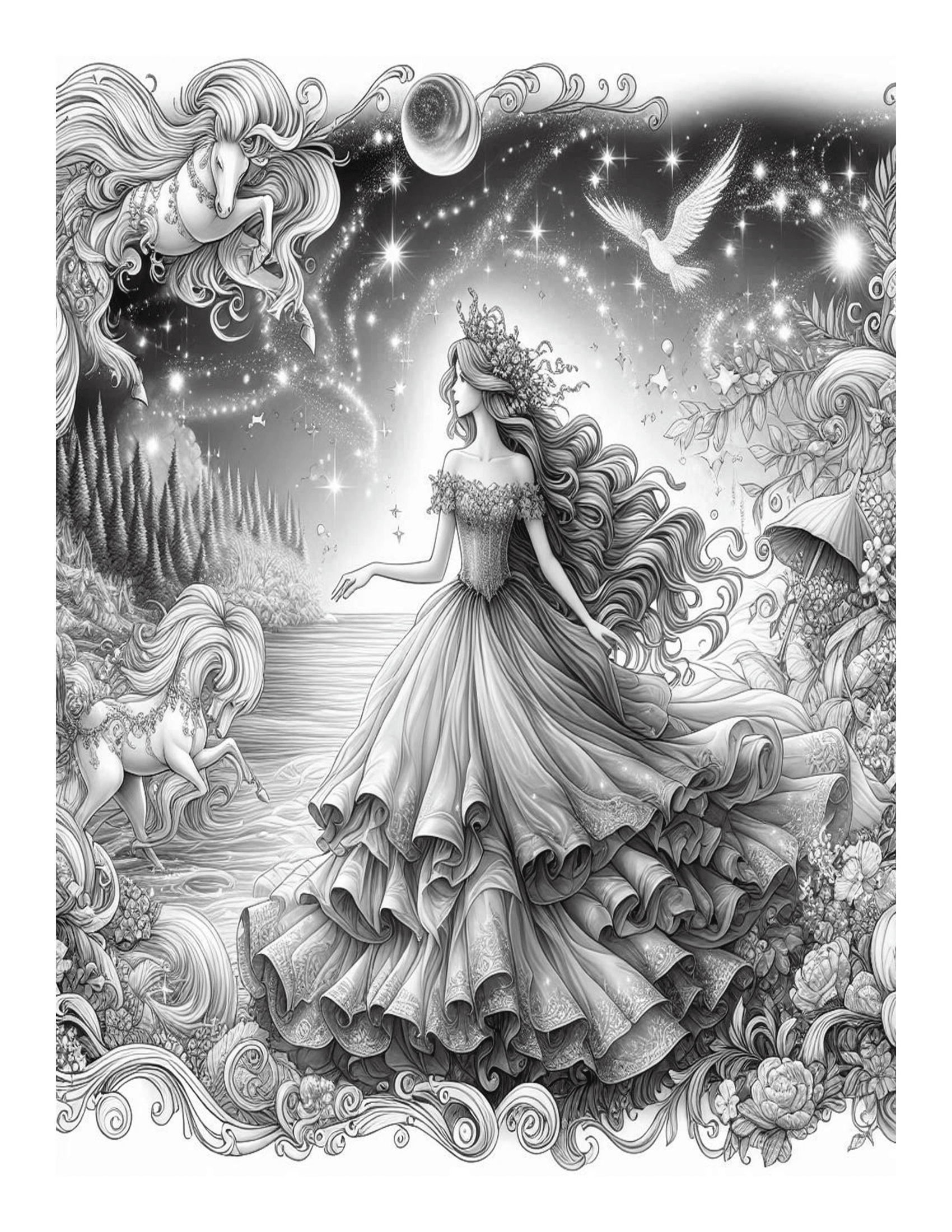 Grayscale Magical Princess Coloring Pages 