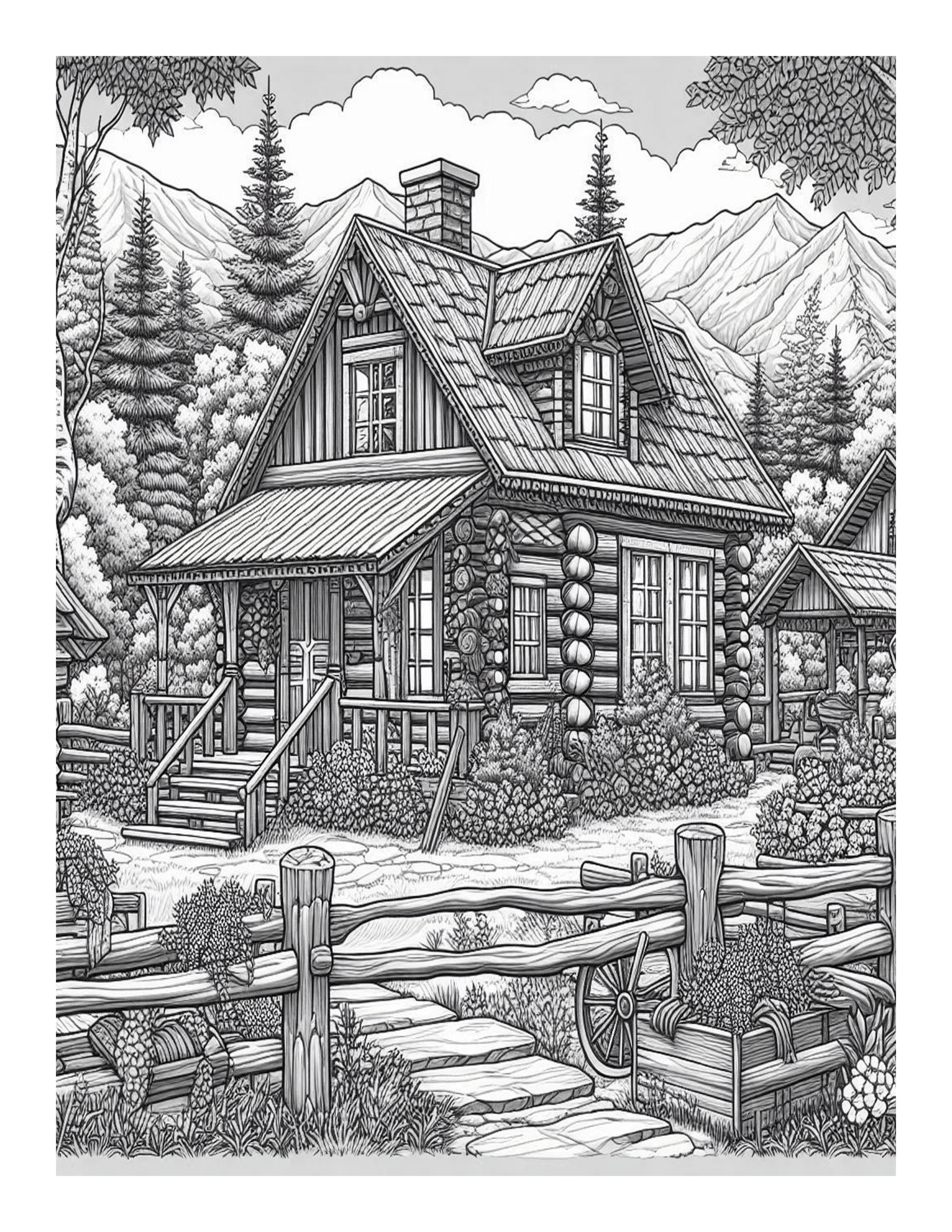 Grayscale Country Cabins Coloring Pages 