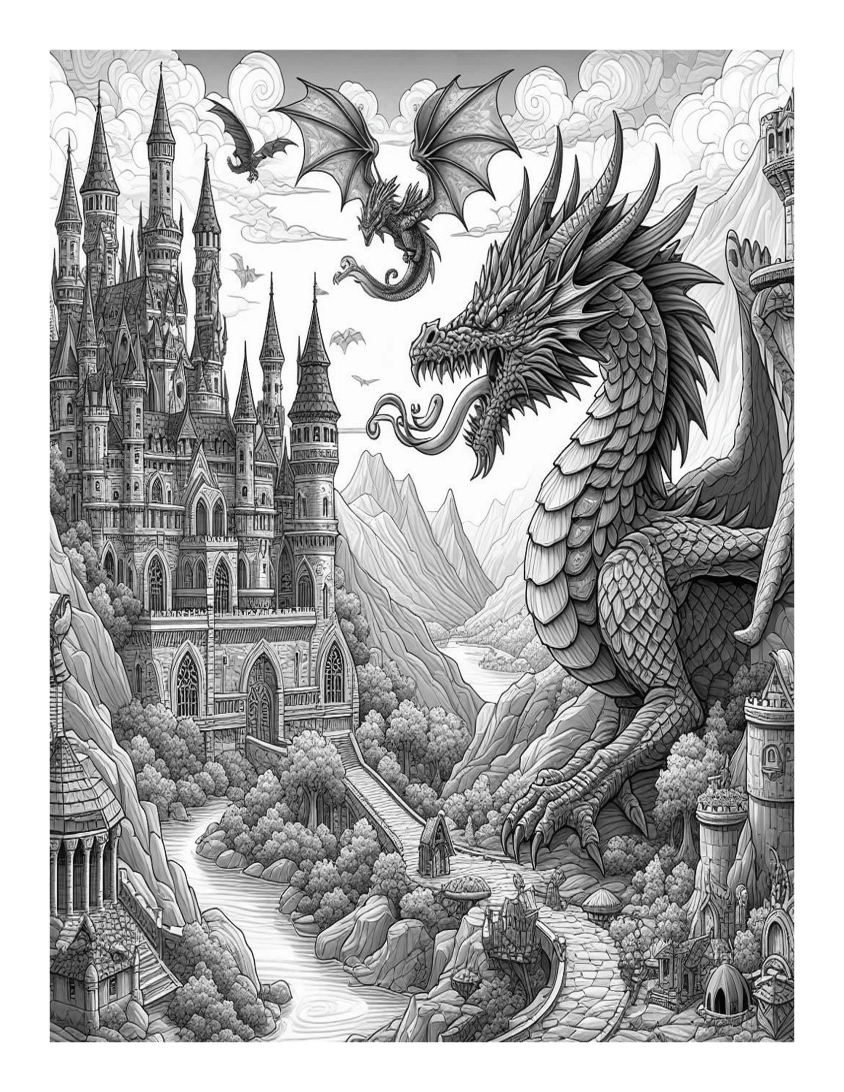 Grayscale Dragon Castle Adventures Coloring Pages 