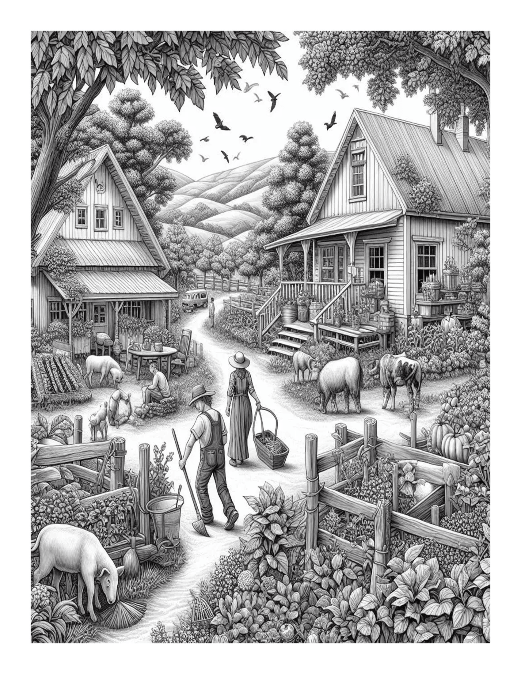 Grayscale Country Life Features 25 Printable Coloring Pages 