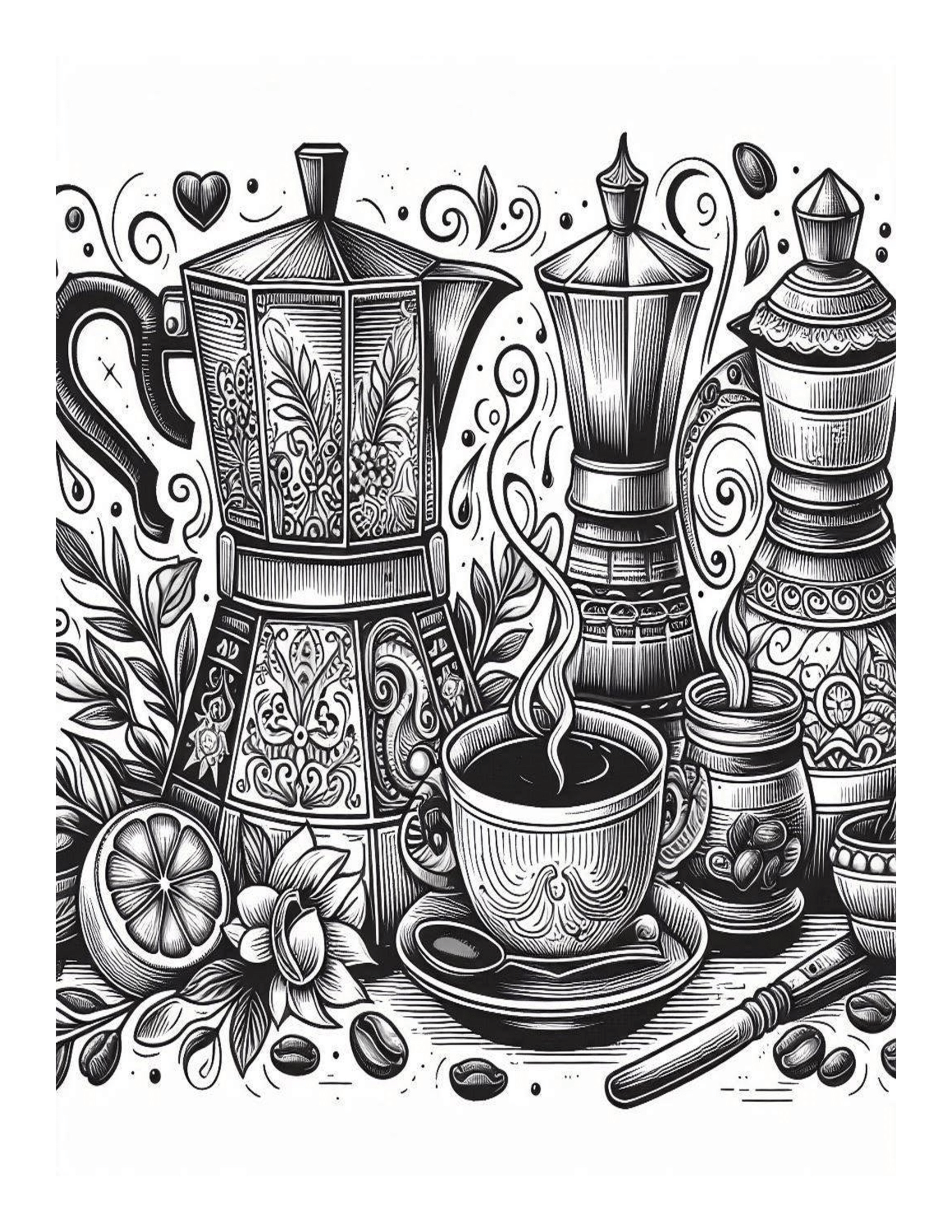 Grayscale Coffee Pot Set Coloring Pages 