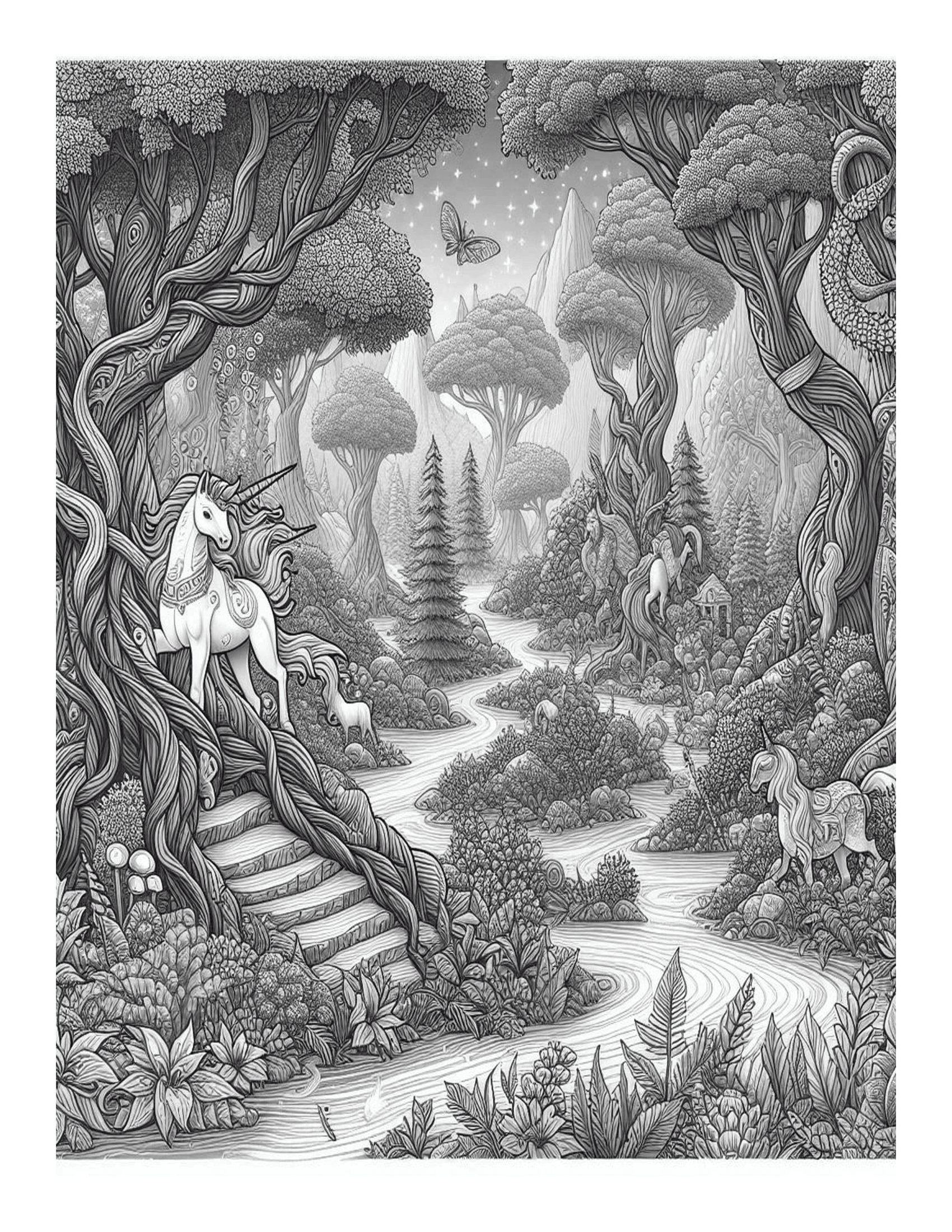 Grayscale Unicorn Forest Adventures Features 25 Printable Coloring Pages 