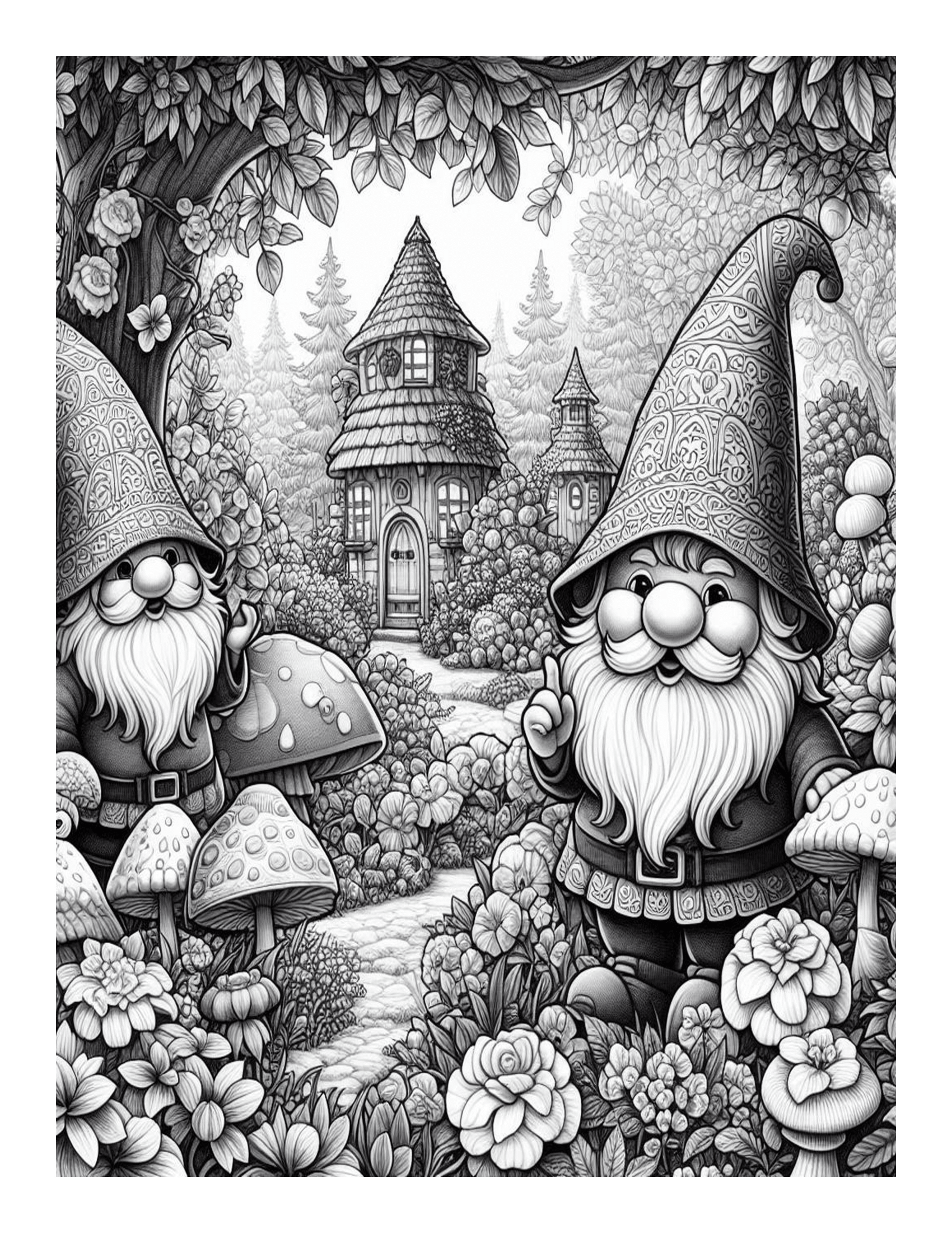 Grayscale Color Me Calm Gnomes Garden Coloring Pages 