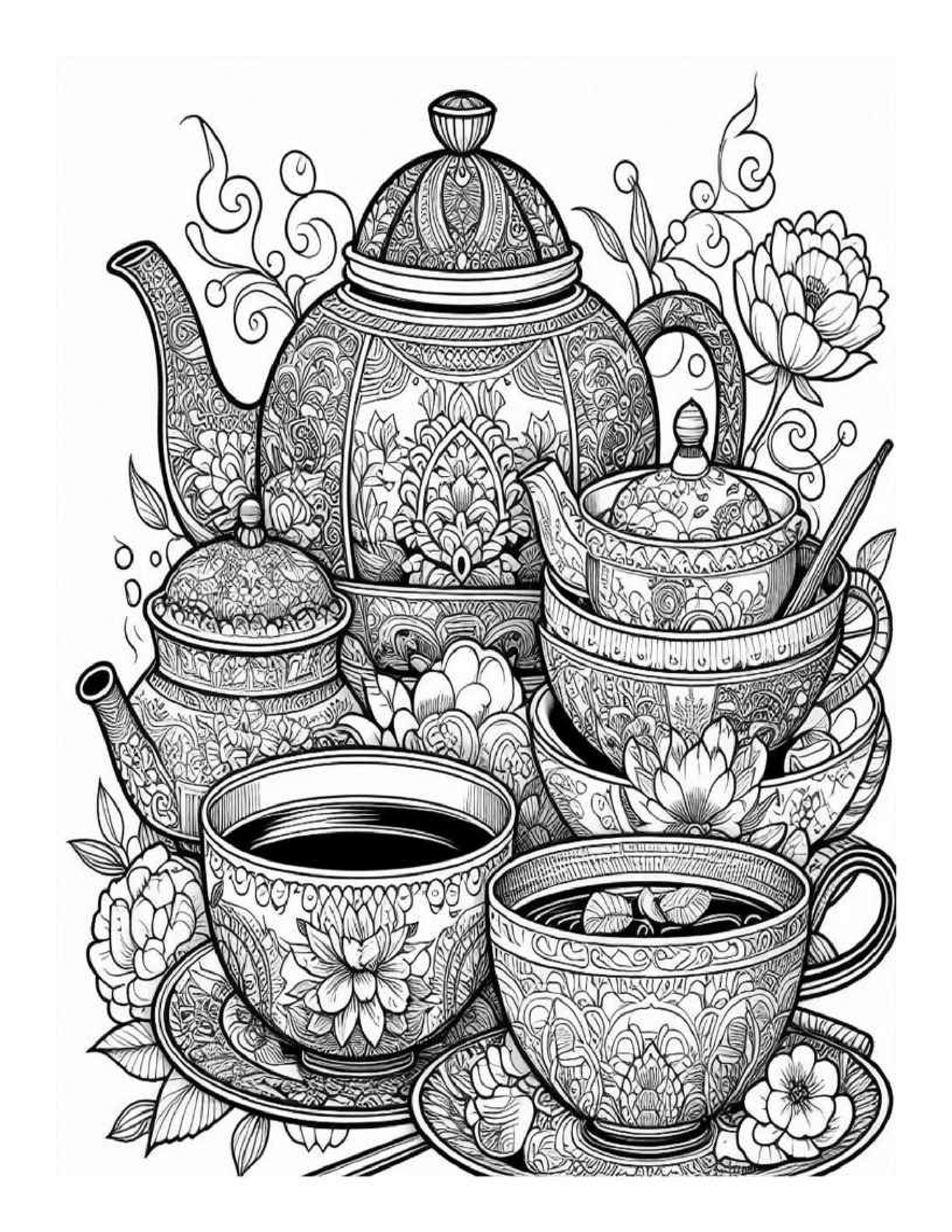 Grayscale China Teacup Set Coloring Pages 
