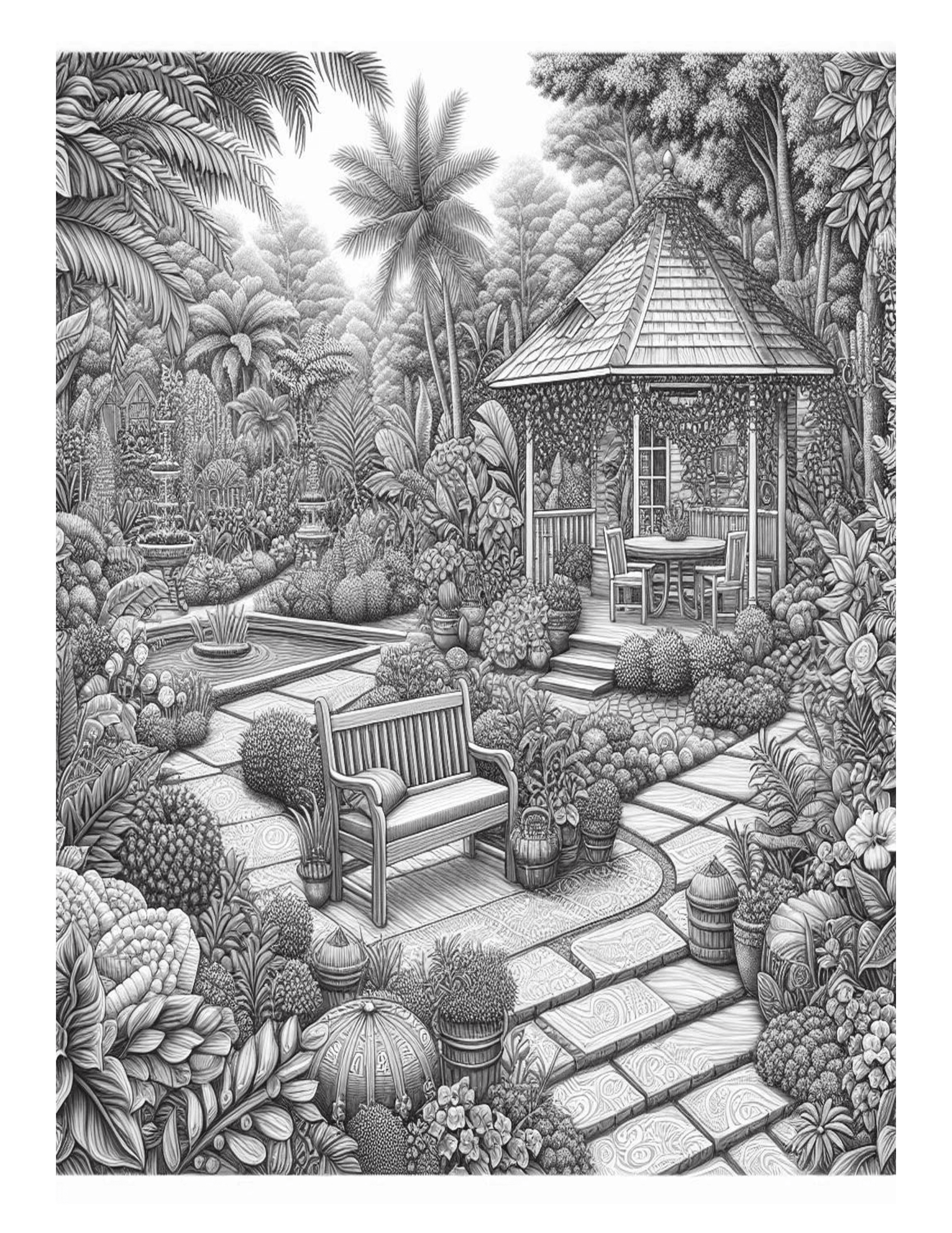 Grayscale Cozy Garden Features 25 Printable Coloring Pages 