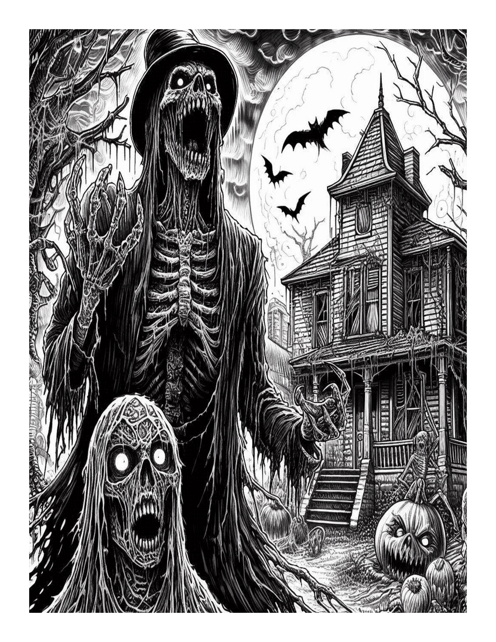 Grayscale Terrifying Horror Coloring Pages 