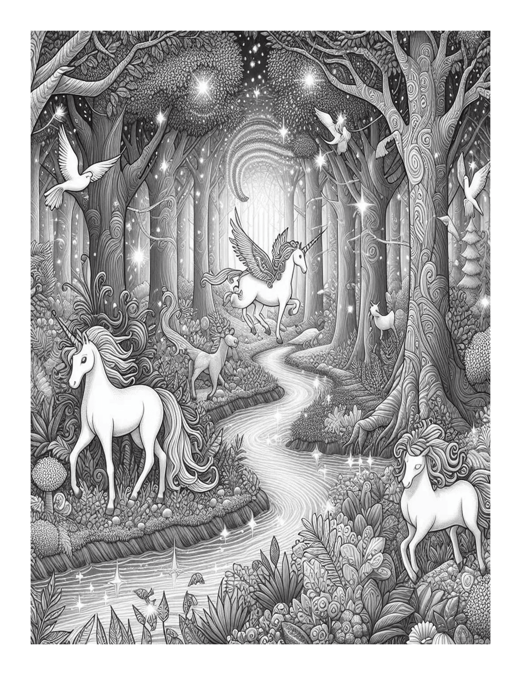 Grayscale Unicorn Forest Adventures Features 25 Printable Coloring Pages