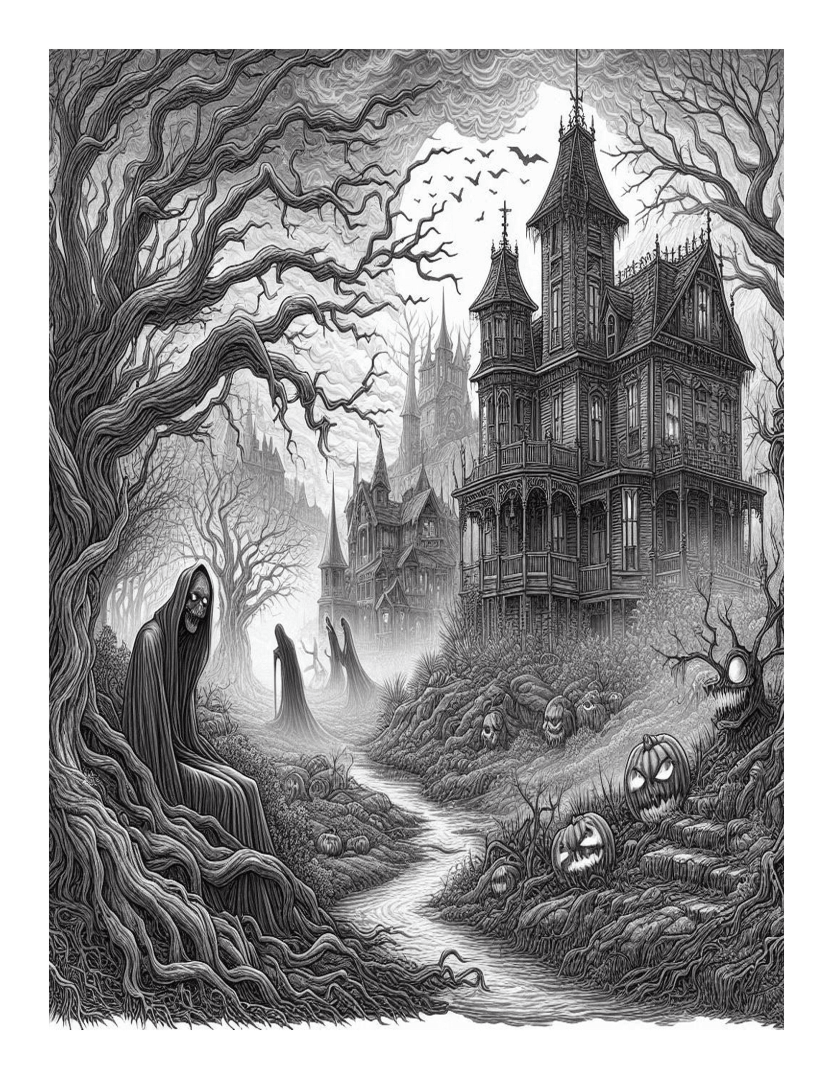 Grayscale Chilling Horror Features 25 Printable Coloring Pages for Adults 