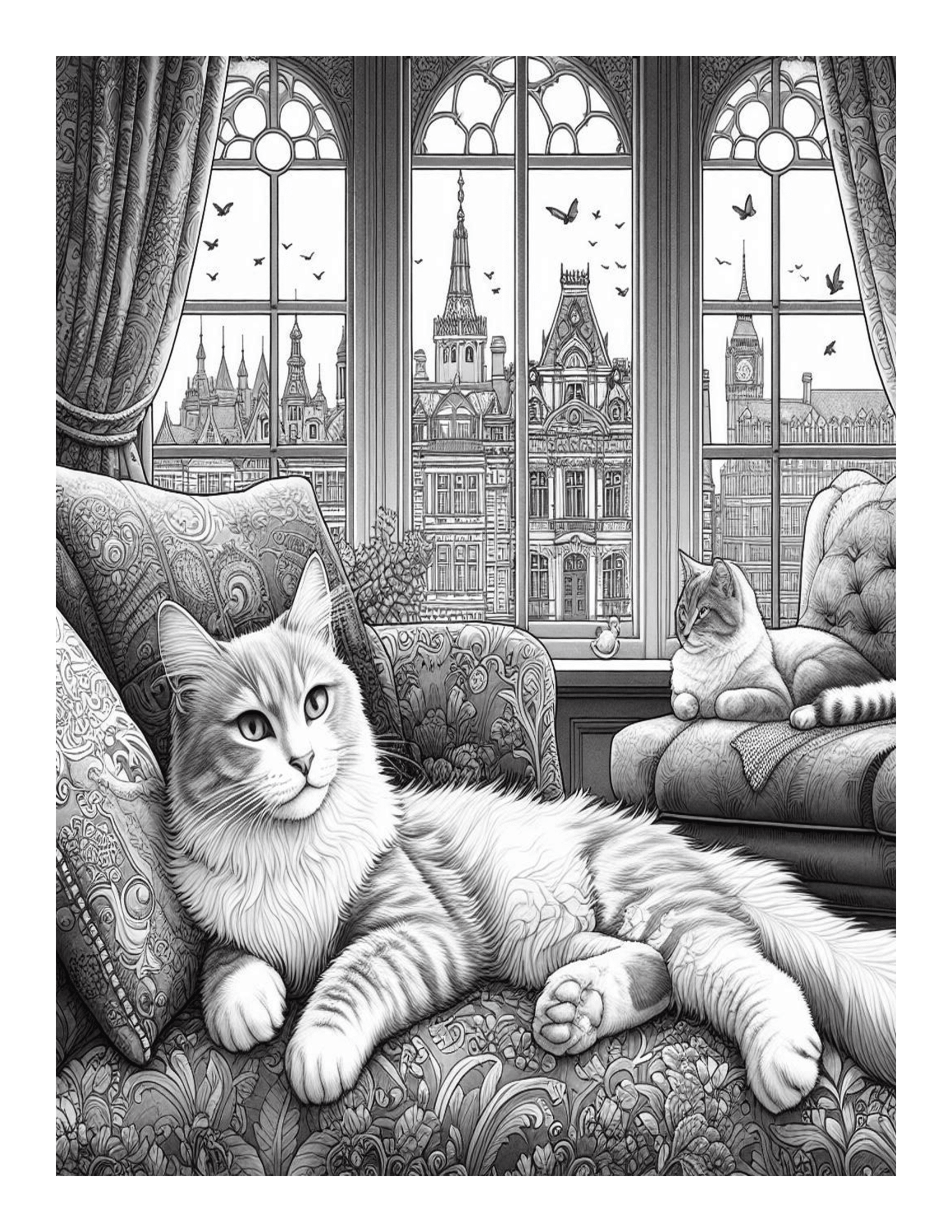 Grayscale Lounge Around House Cat Coloring Pages 