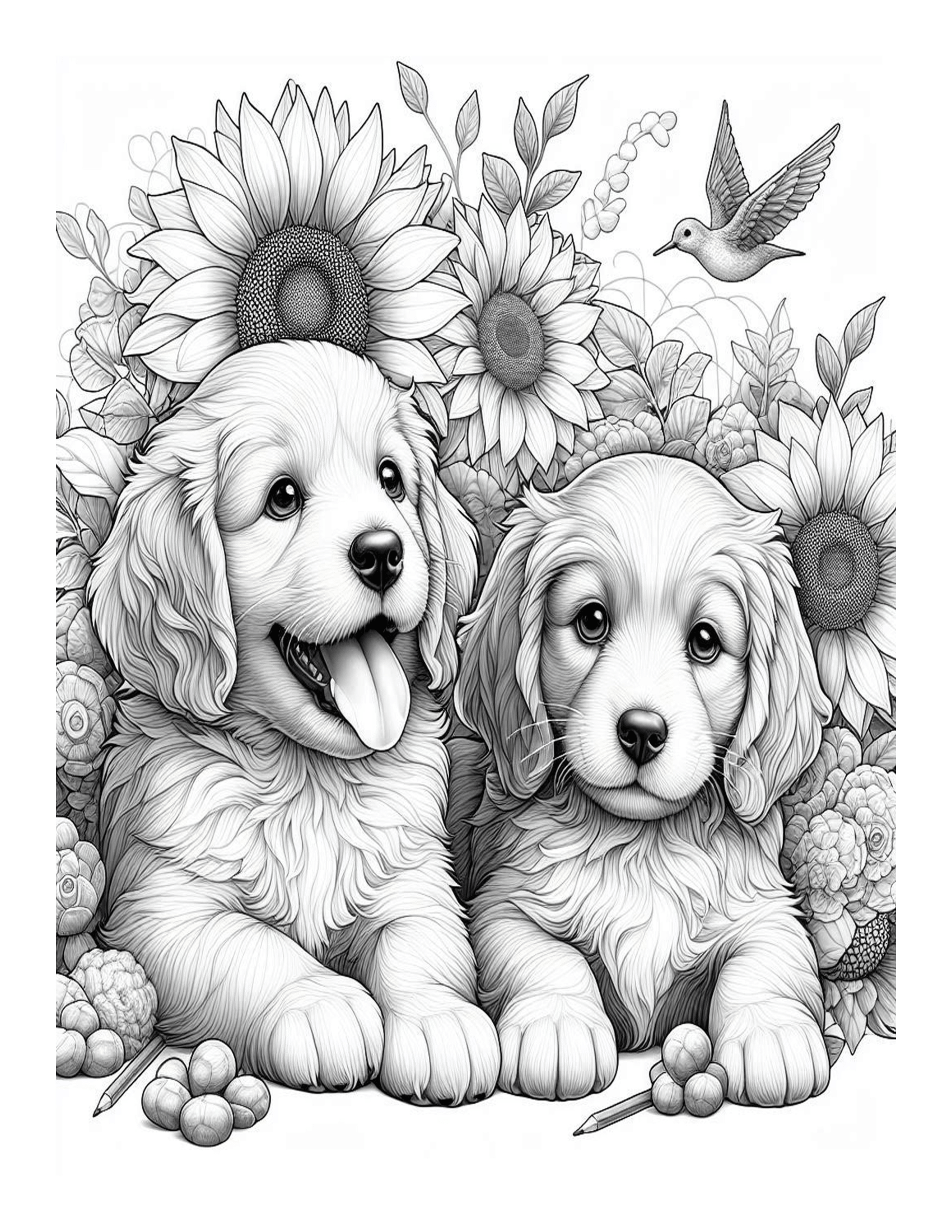 Grayscale Beautiful Dogs and Puppies Coloring Pages 