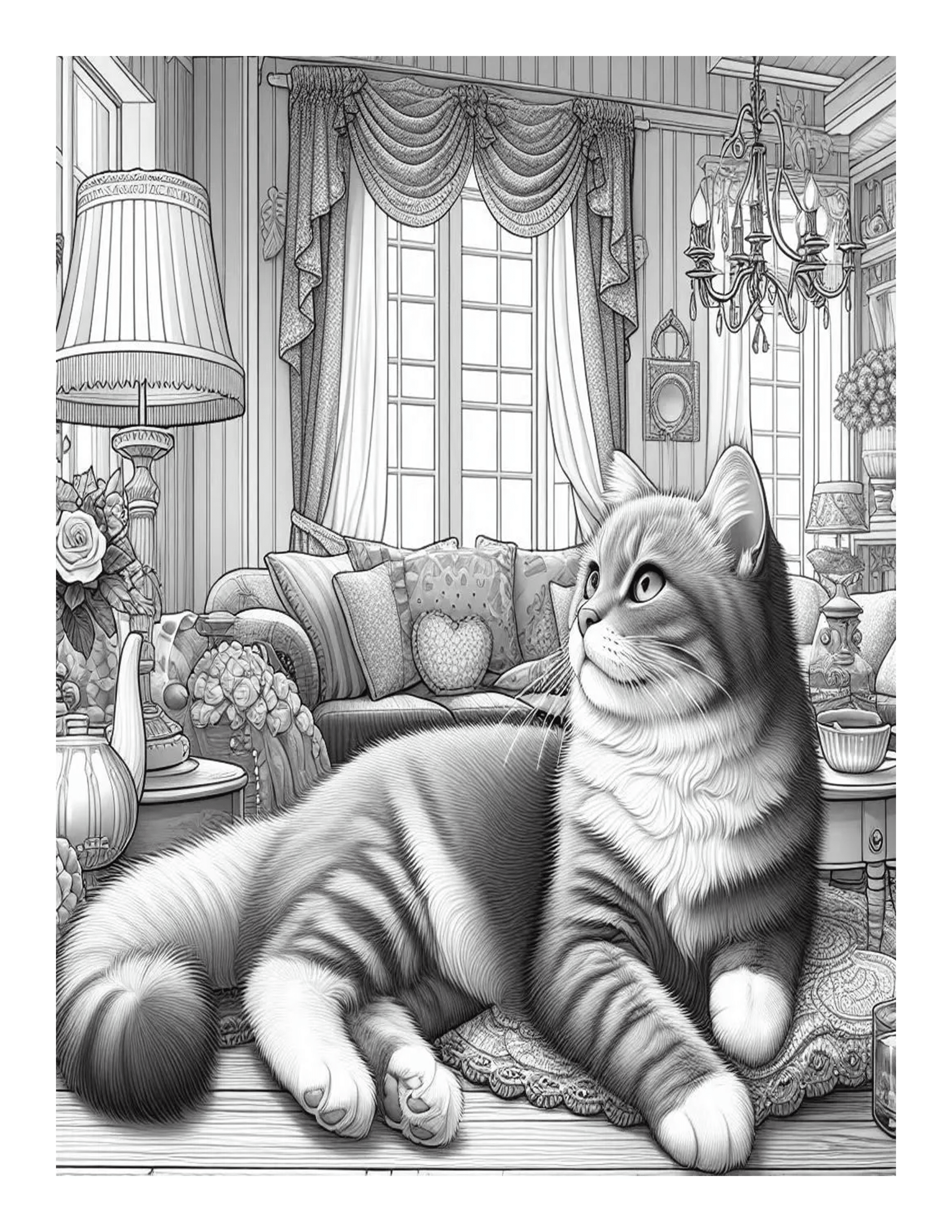 Grayscale Lounge Around House Cat Coloring Pages 