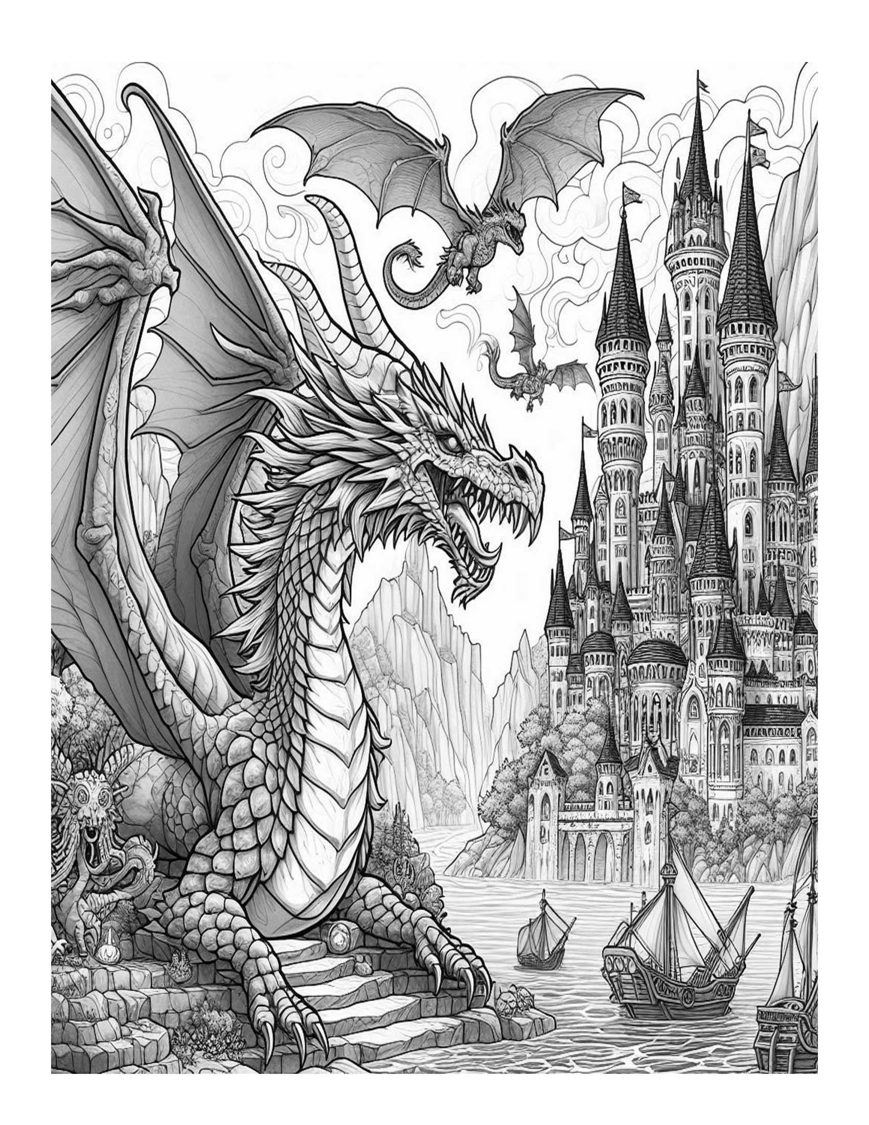 Grayscale Dragon Castle Adventures Coloring Pages 