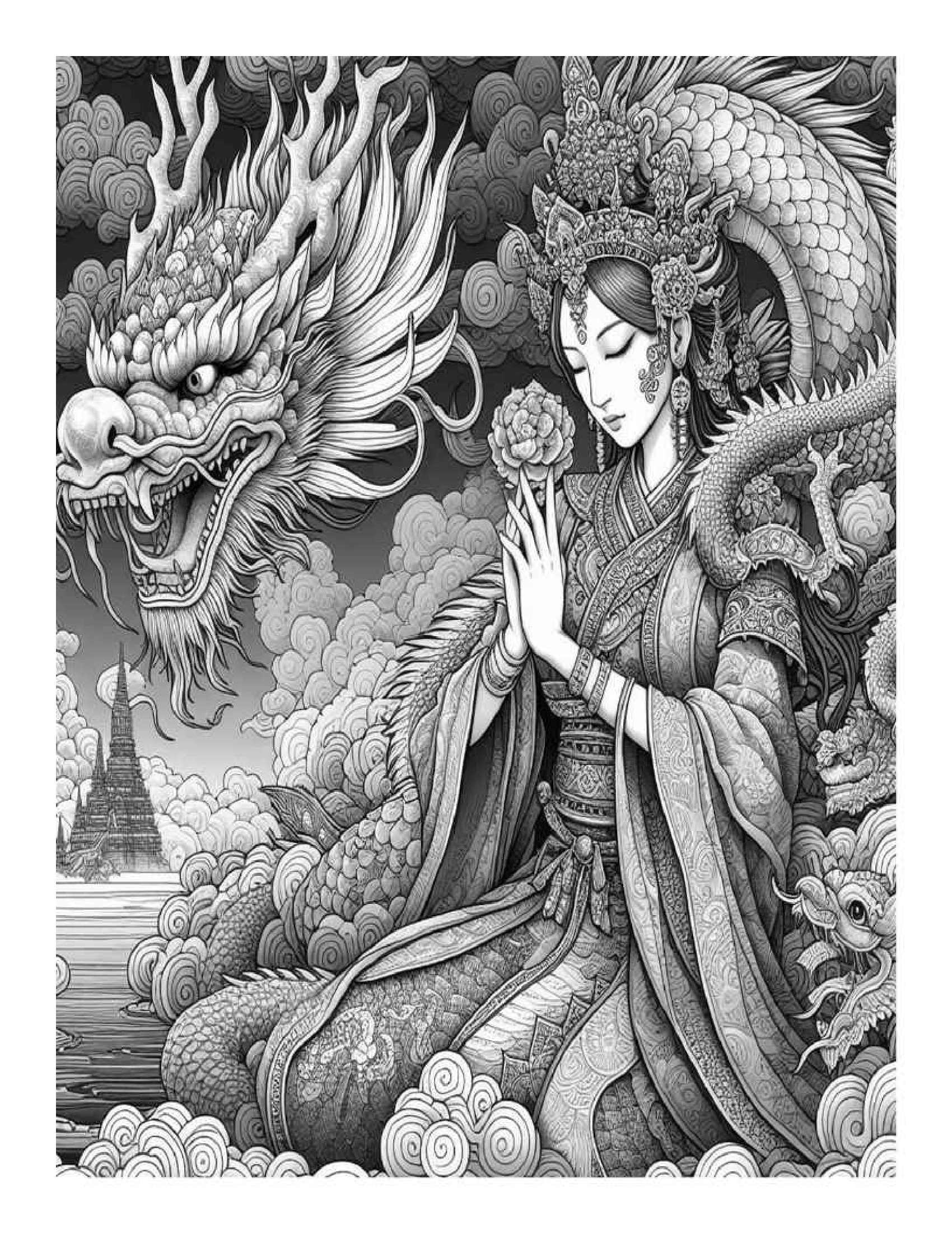 Grayscale The Lady and the Dragon Coloring Pages (Printable PDF)