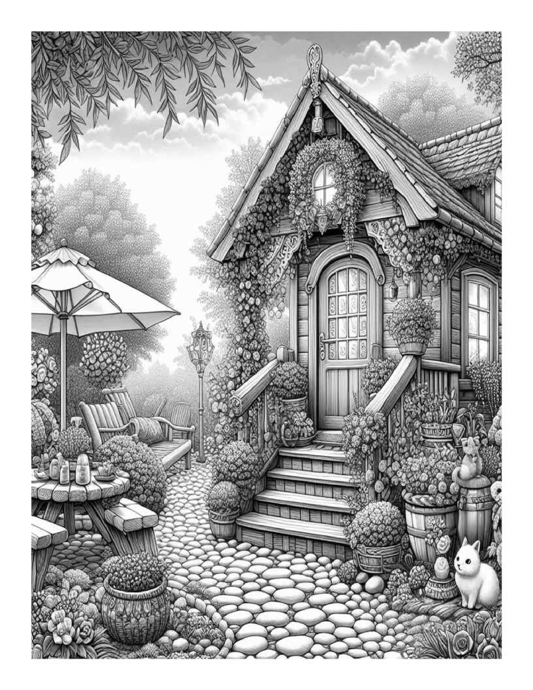 Grayscale Beautiful Cozy Garden Coloring Pages for Adults (Printable PDF)
