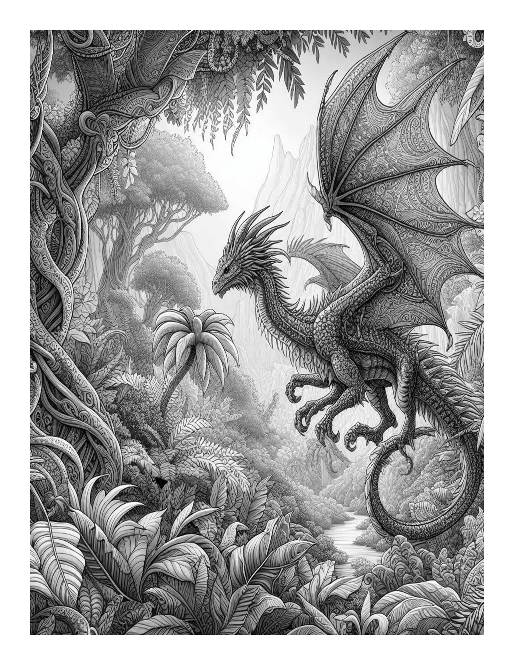 Grayscale Dragon Adventures of the Jungle Features 25 Printable Coloring Pages for Adults