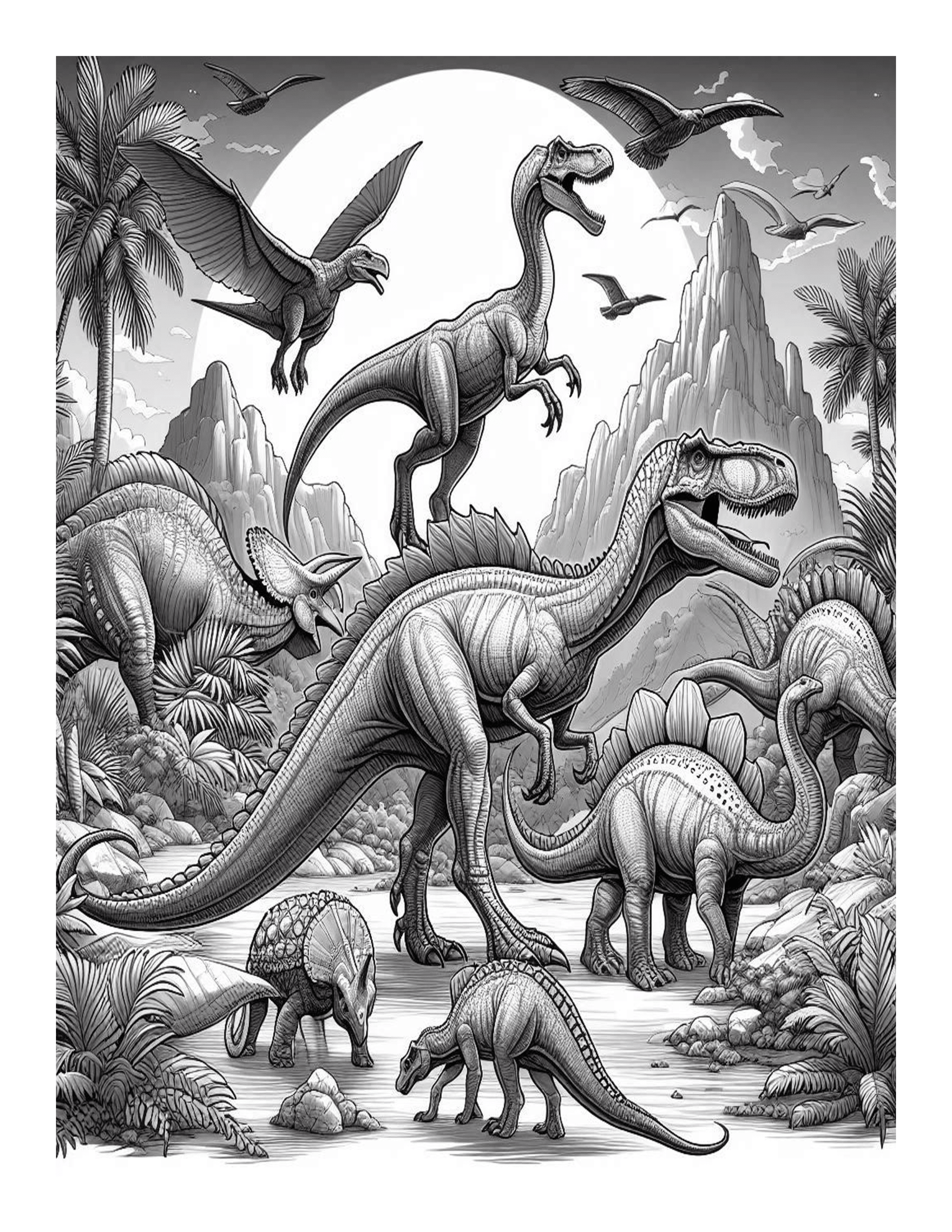 Grayscale Jurassic Dinosaurs Coloring Pages 