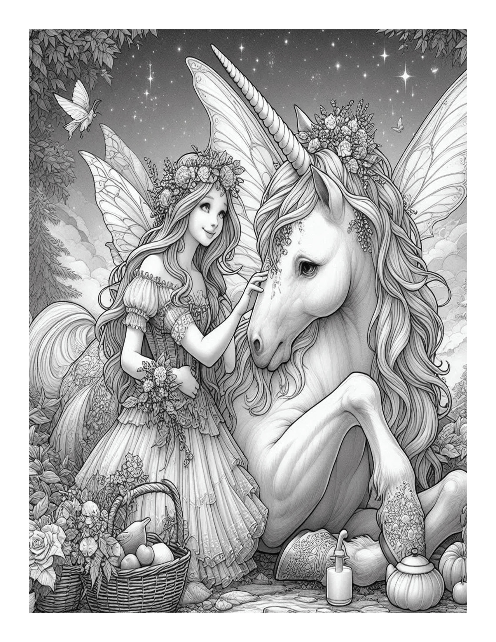 Grayscale Fairy and the Unicorn Coloring Pages
