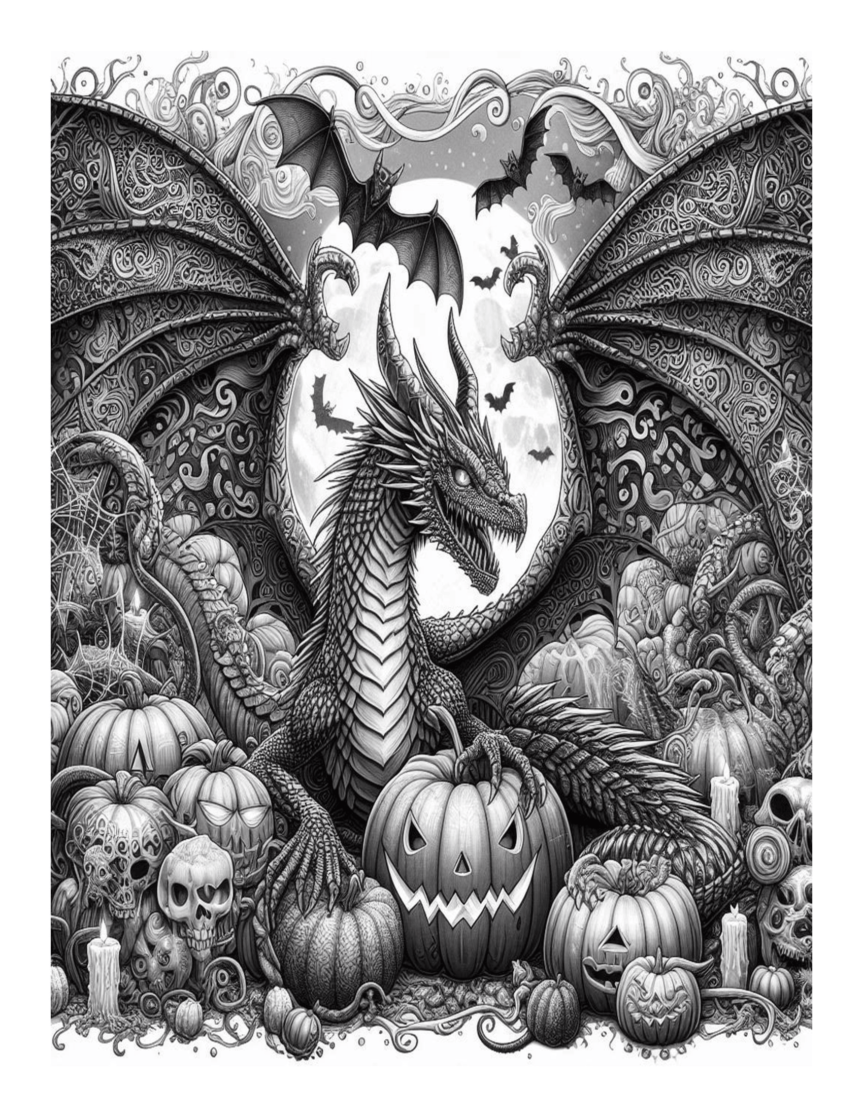 Grayscale Halloween Dragons Coloring Pages: Features 25 Printable Coloring Pages