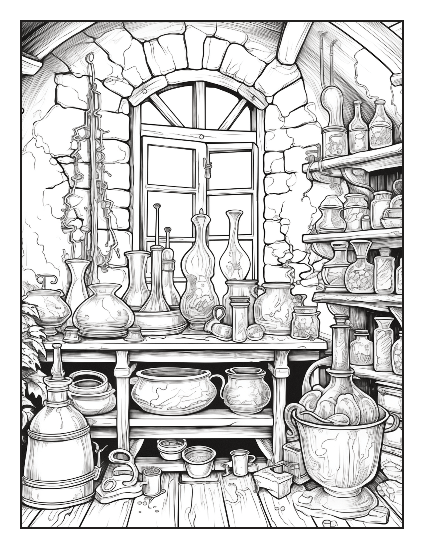 Grayscale Fantasy Country Kitchen Features 25 Printable Coloring Pages for Adults   