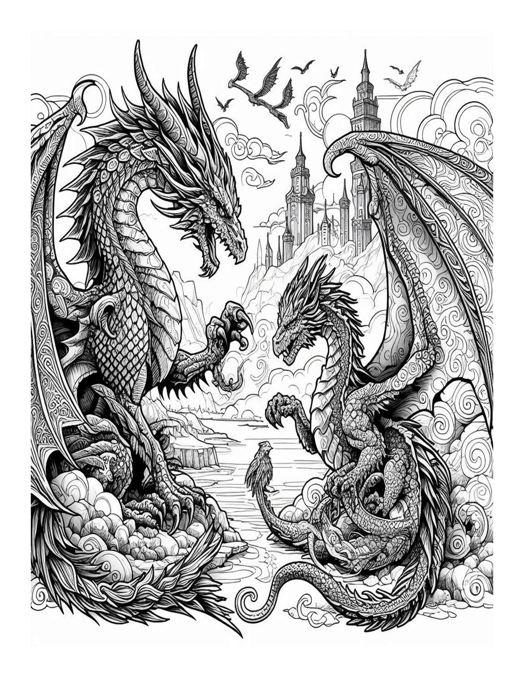 Grayscale Fantasy Dragon Coloring Pages 