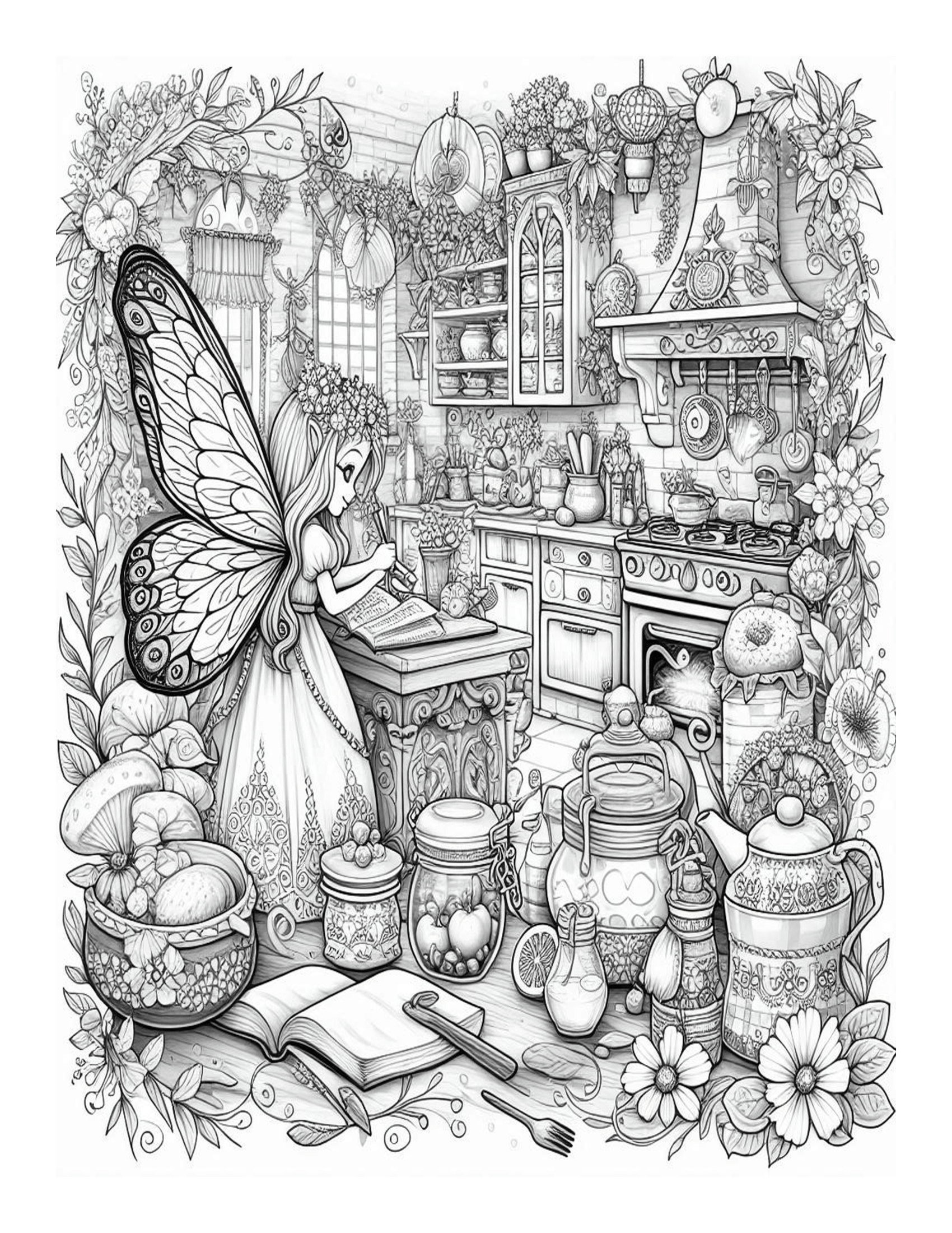 Grayscale Beautiful Fairy Kitchen Coloring Pages 