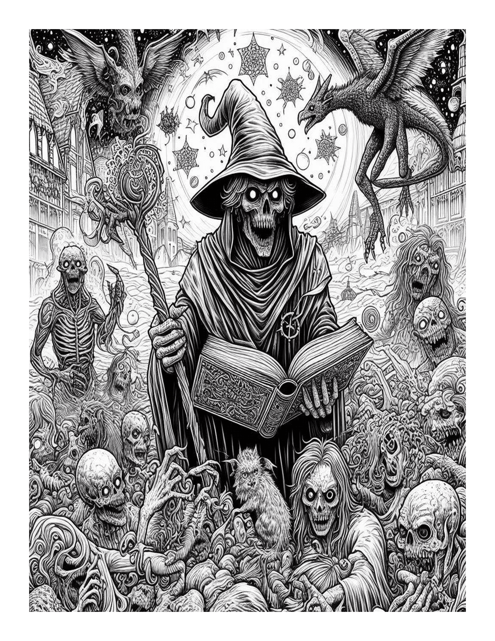 Grayscale Fantasy Horror Coloring Pages 