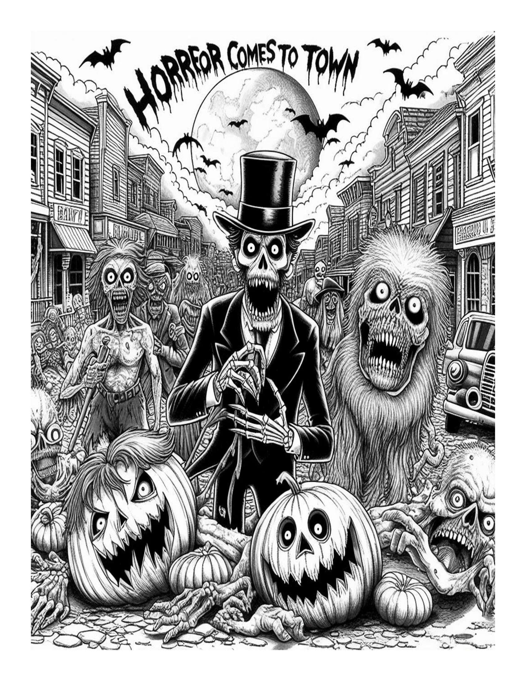 Grayscale Horror Comes to Town Coloring Pages 