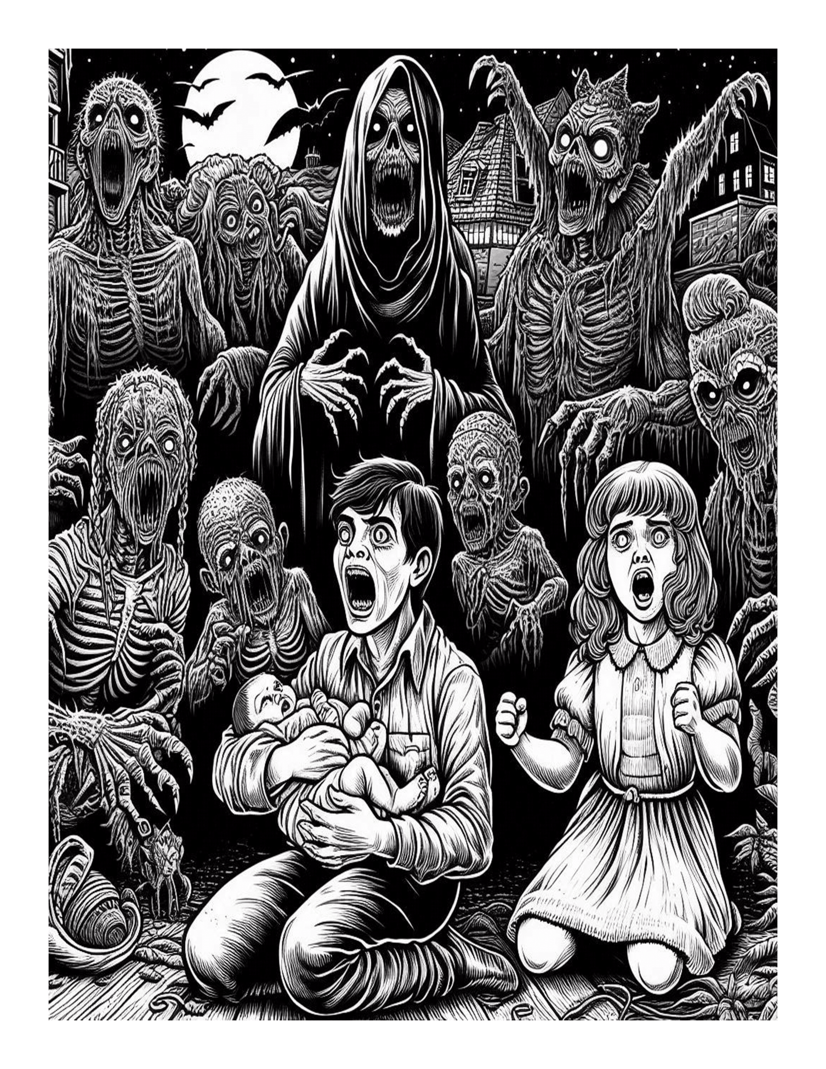 Grayscale Horror Children of the Damn Coloring Pages 