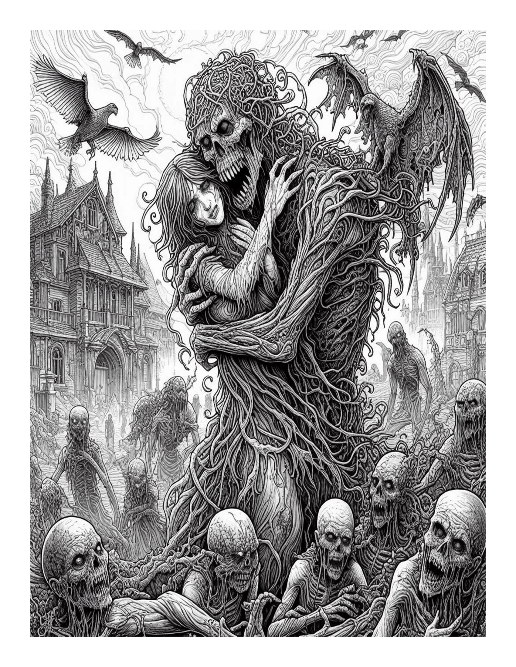 Grayscale Fantasy Horror Coloring Pages 