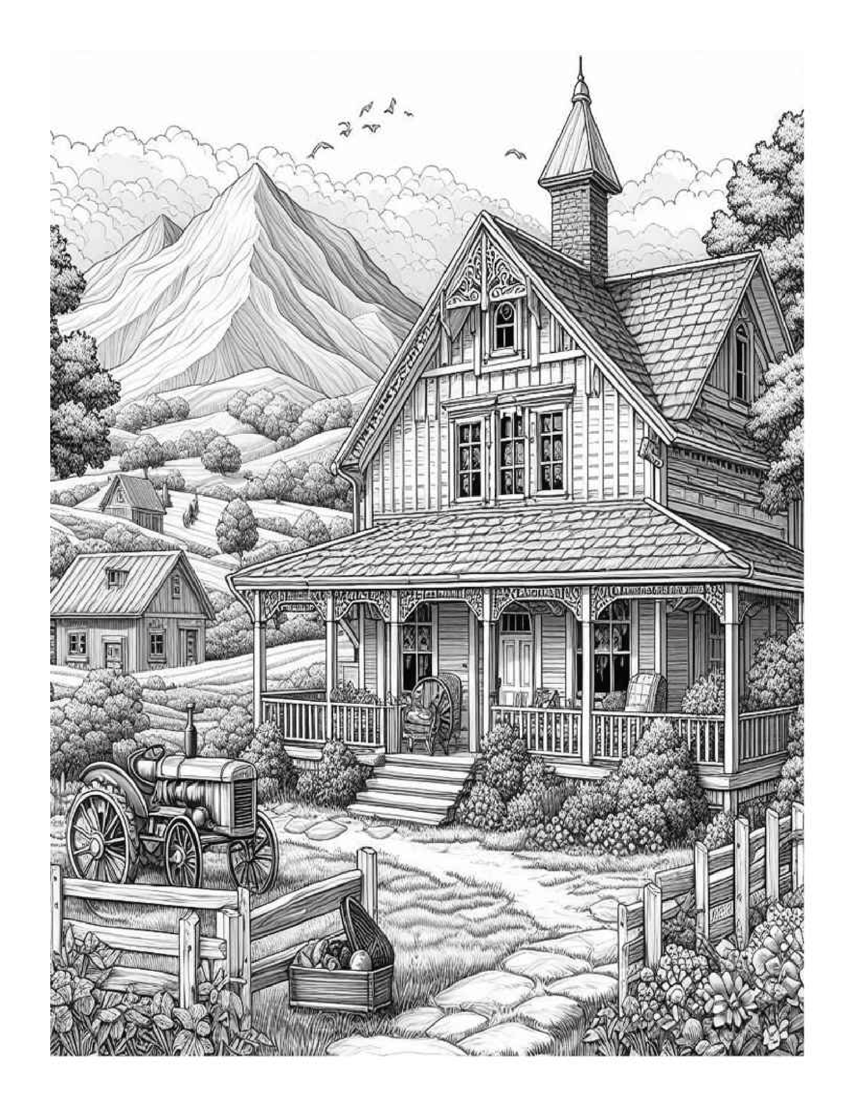 Grayscale Country Homes Coloring Pages for Adults (Printable PDF)