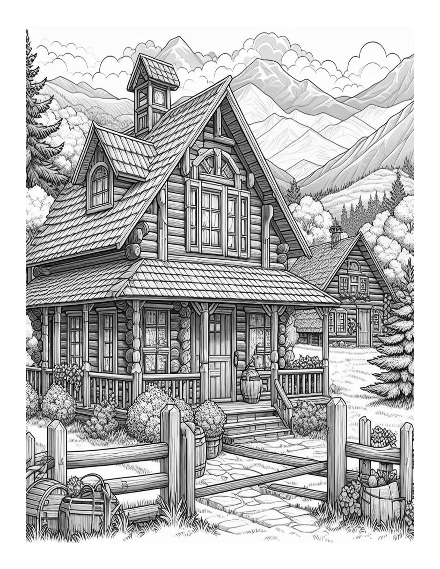 Grayscale Country Cabins Coloring Pages 