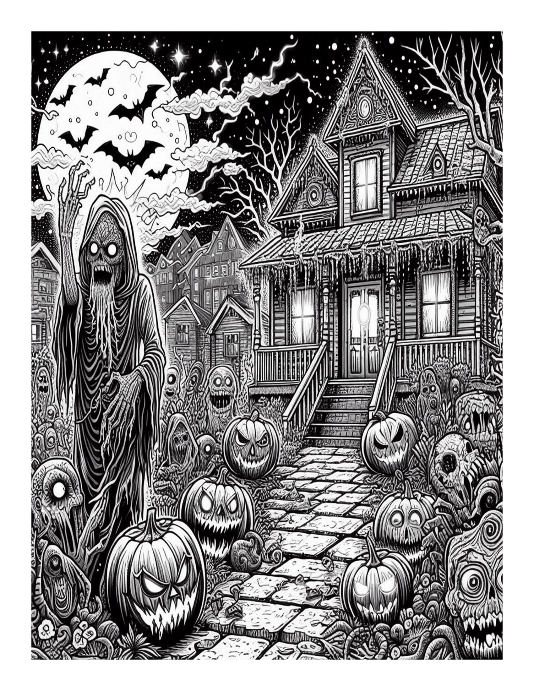 Grayscale Chilling Horror Coloring Pages 