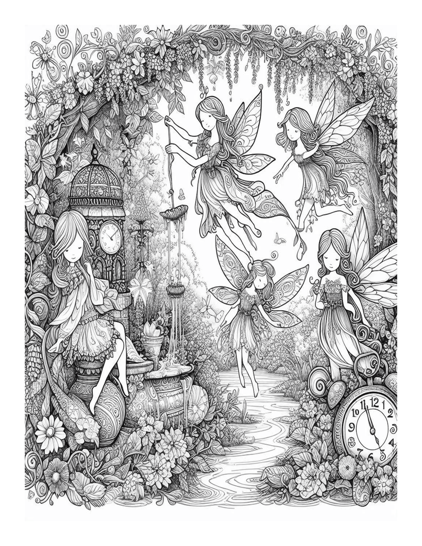 Grayscale Secret Garden Fairies Features 25 Printable Coloring Pages 