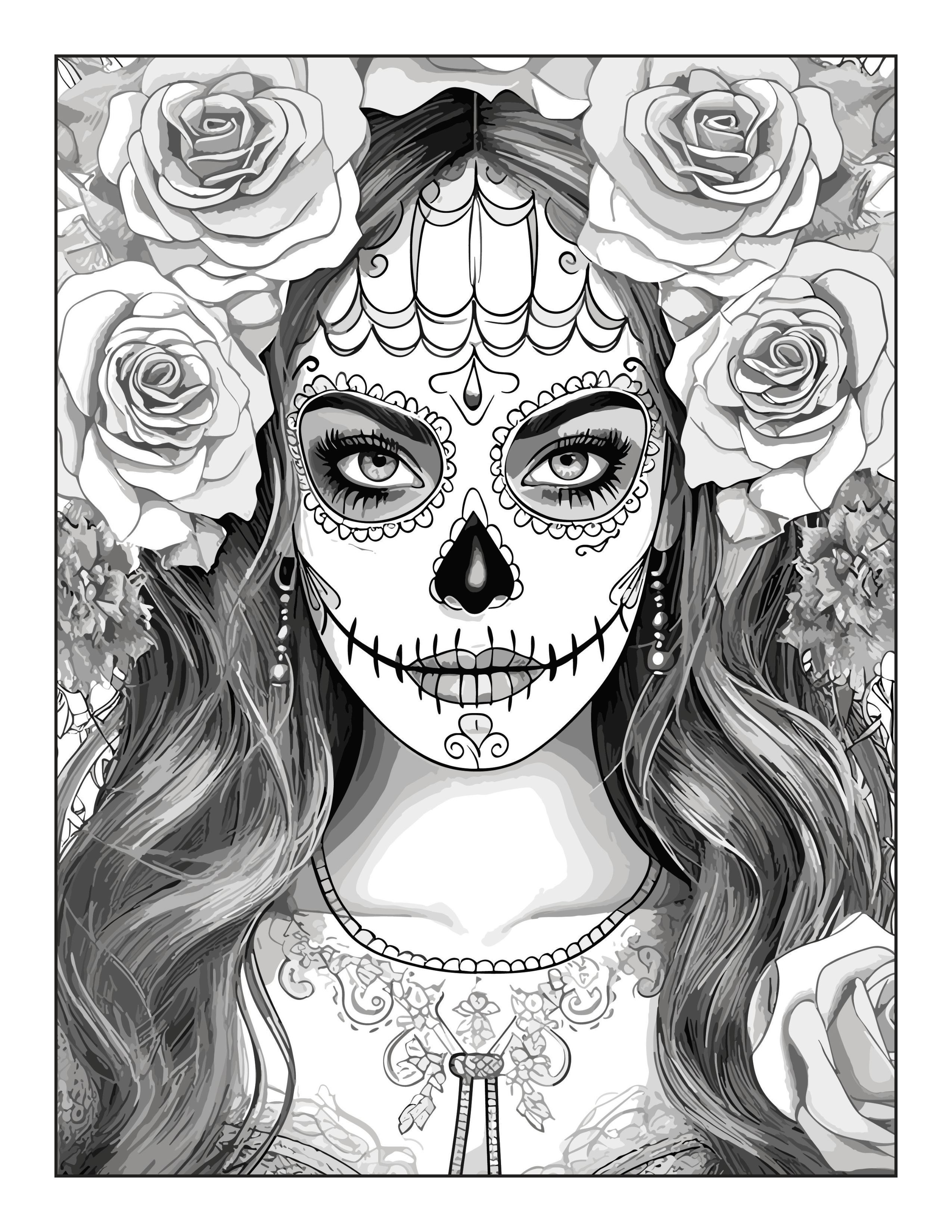 Grayscale Day of the Dead Sugar Skulls Features 25 Printable Coloring Pages for Adults  