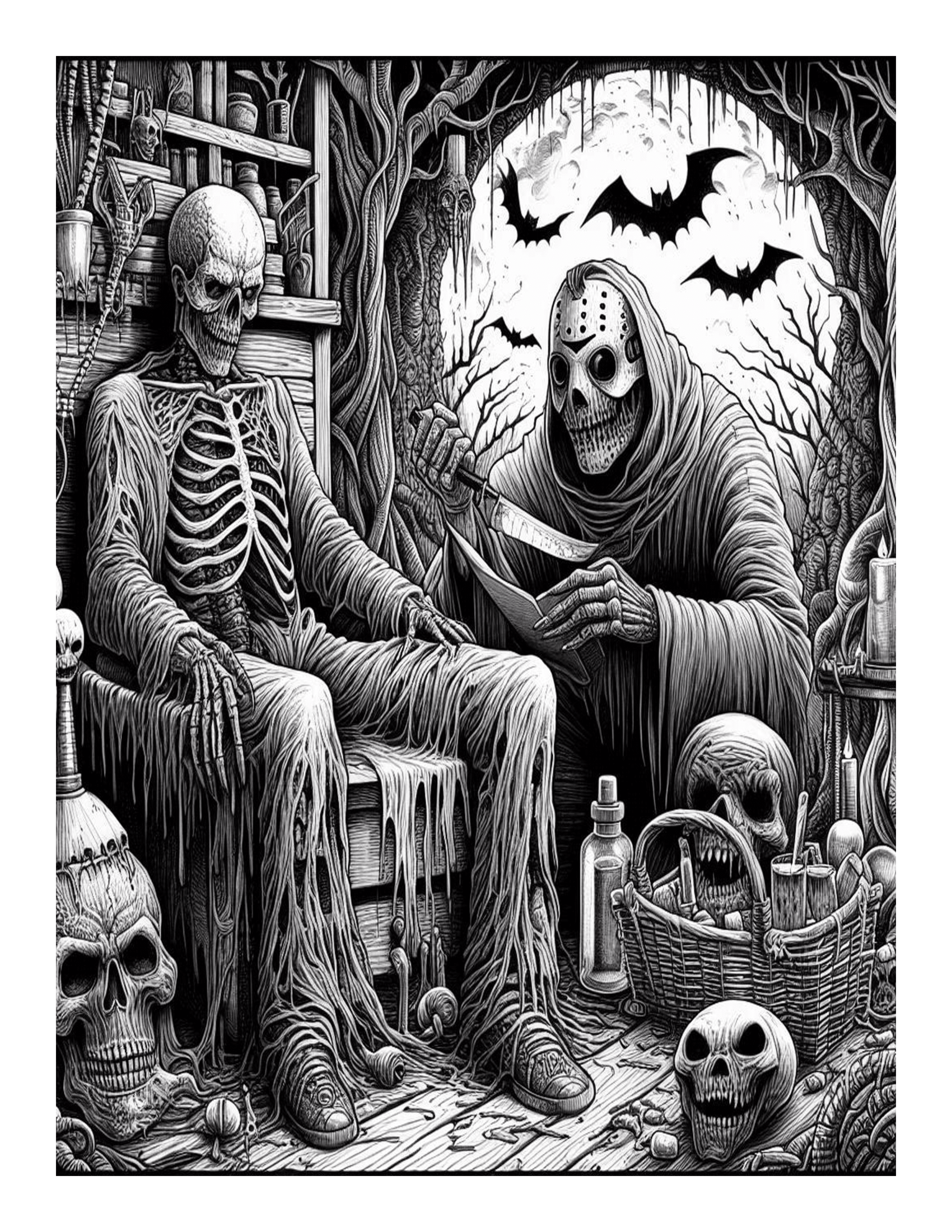 Grayscale Chilling Horror Coloring Pages 