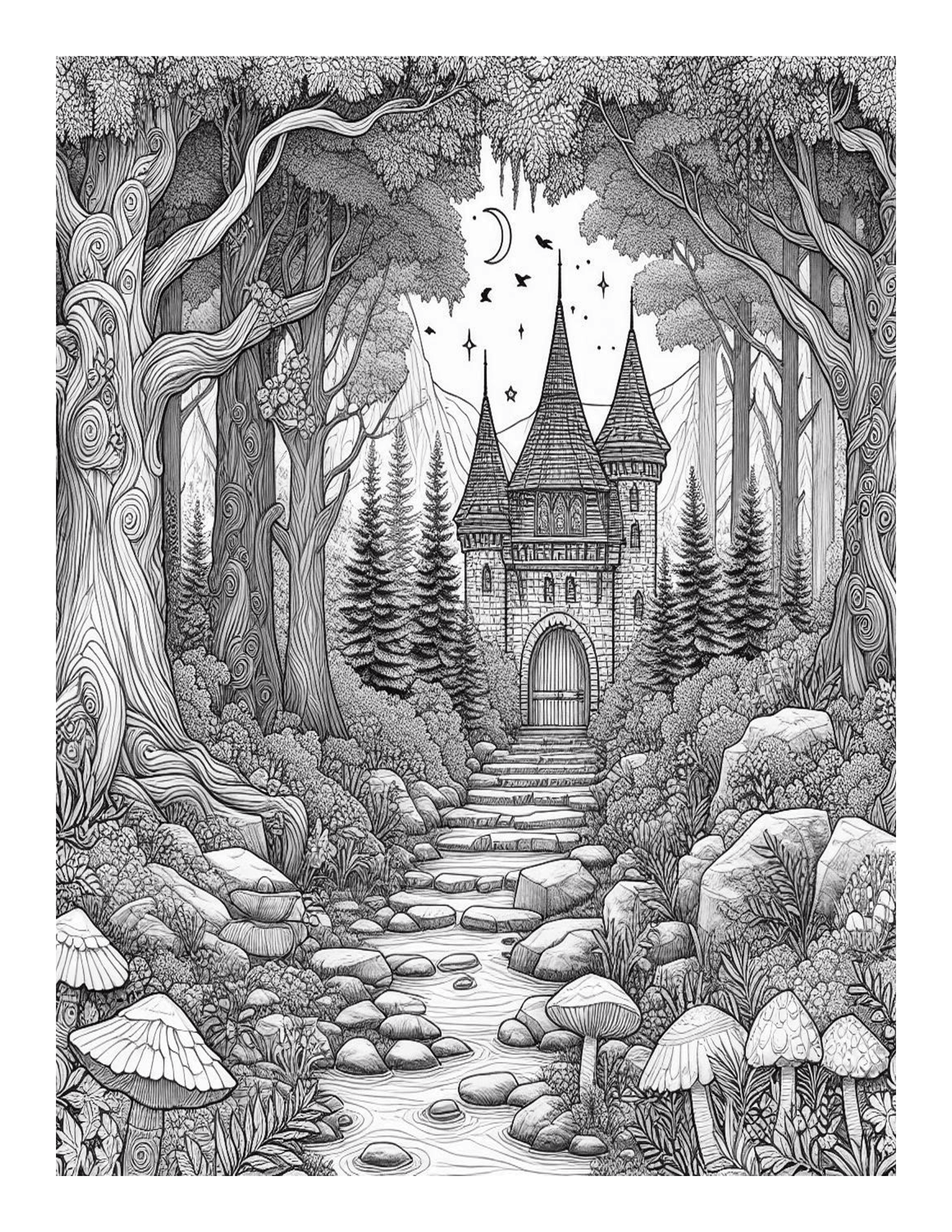Grayscale Magical Forest Features 25 Printable Coloring Pages 