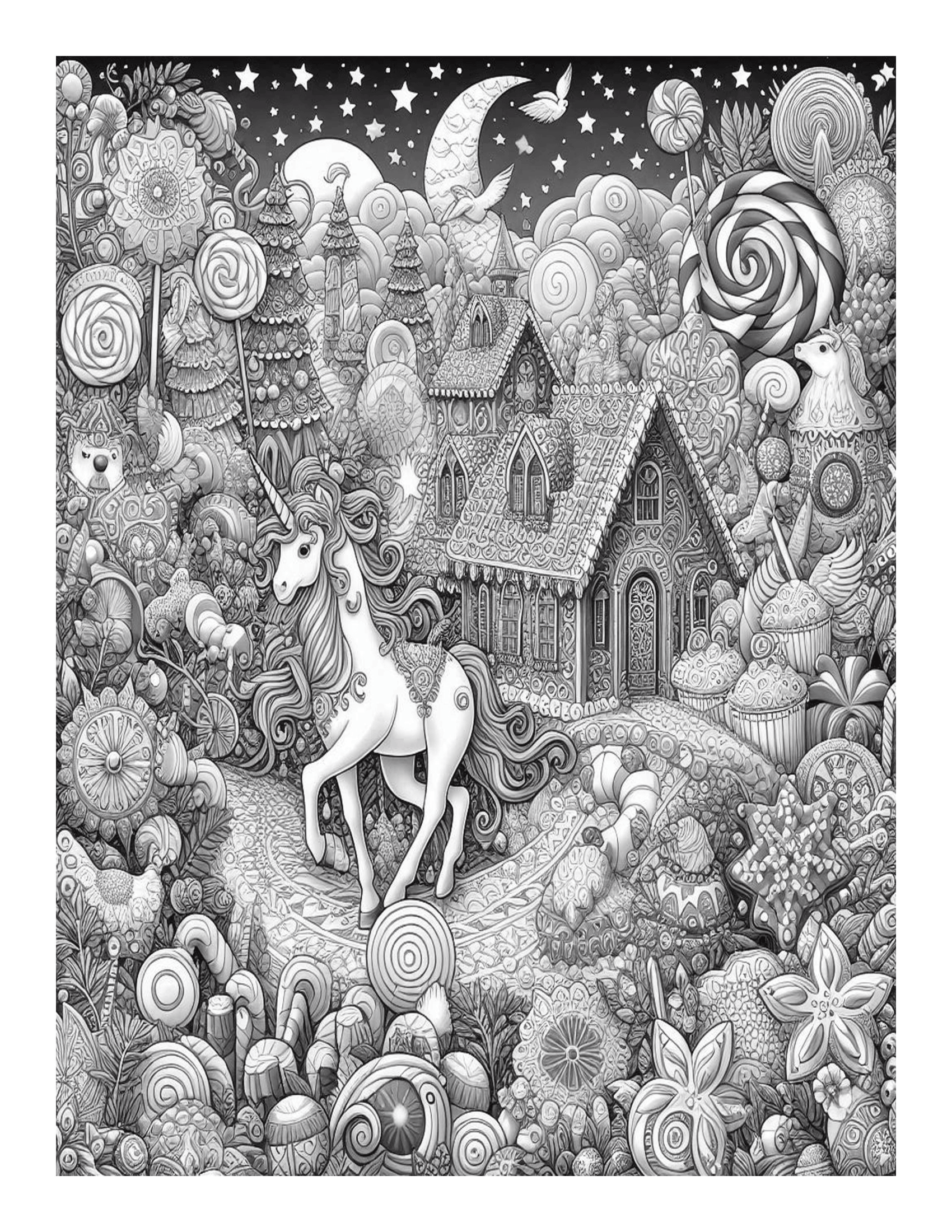 Grayscale Unicorn Candy Land Features 25 Printable Coloring Pages 
