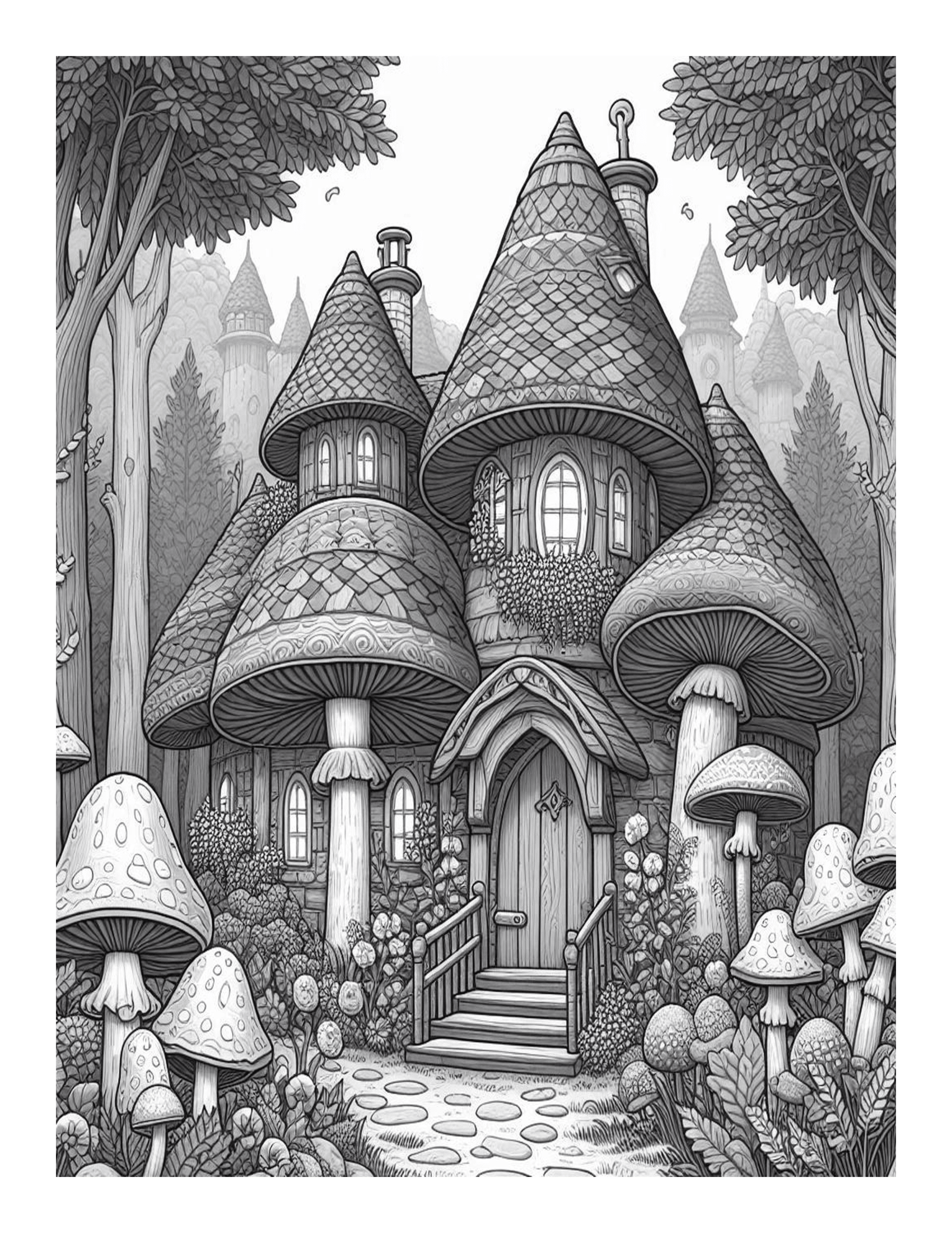 Grayscale Mushroom Houses Coloring Pages 