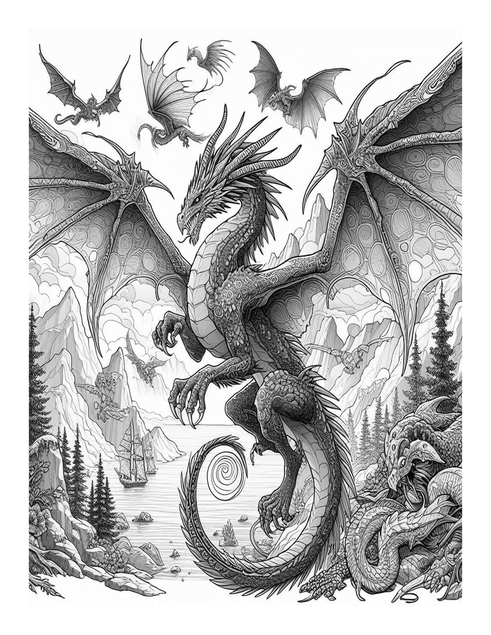 Grayscale Fantasy Dragon Coloring Pages 