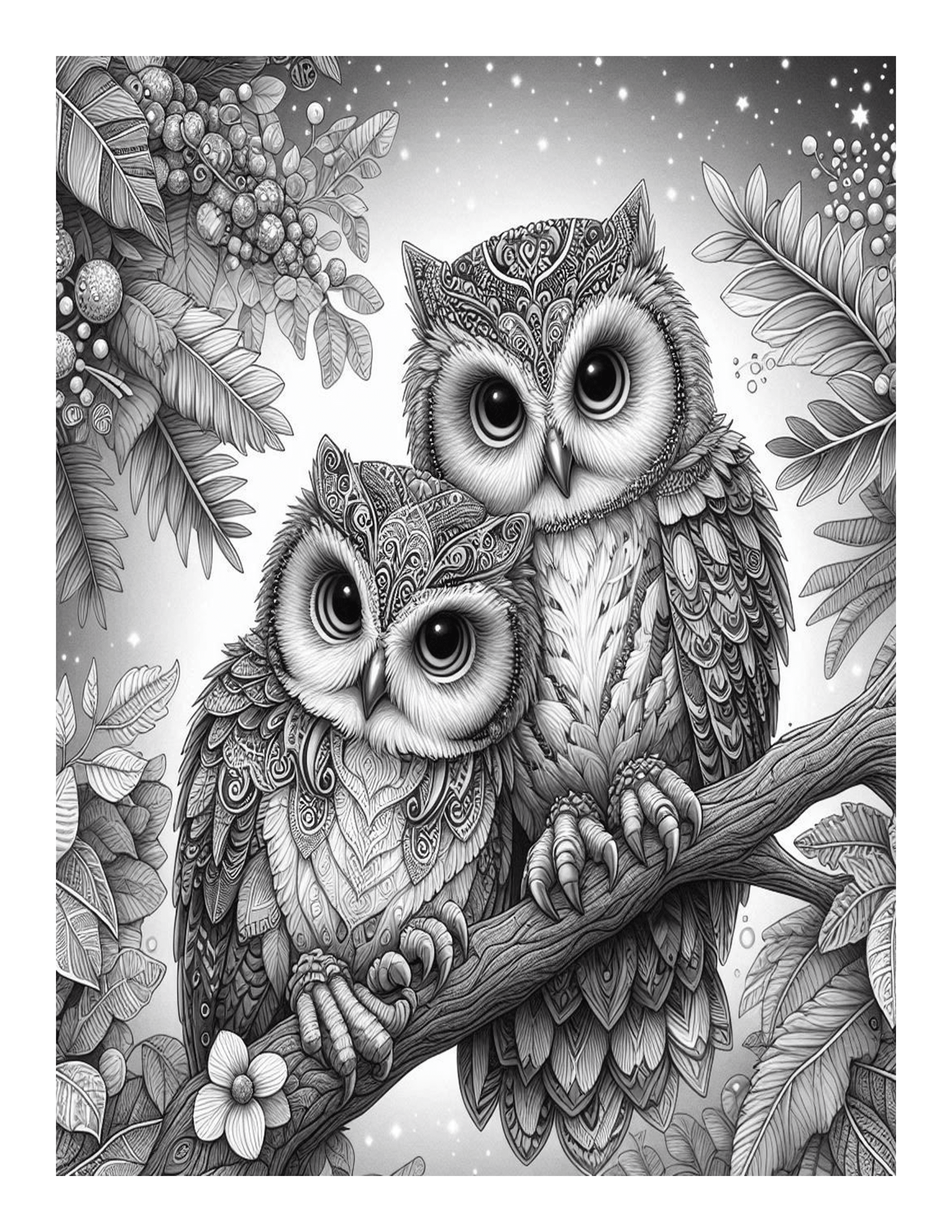 Grayscale Beautiful Owls Designs Coloring Pages 