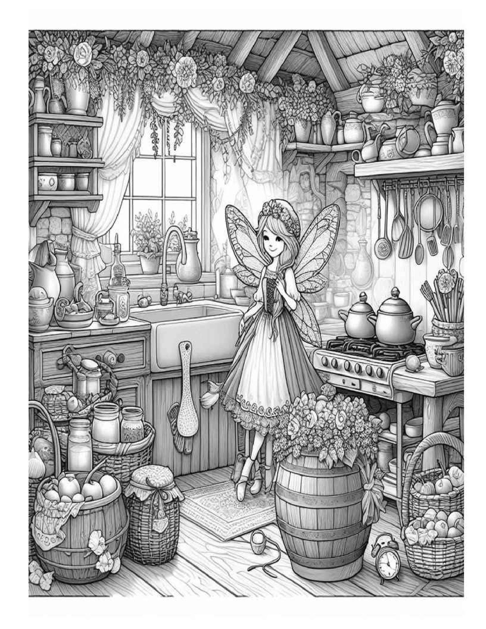 Grayscale Fairy Country Kitchen Coloring Pages for Adults (Printable PDF)