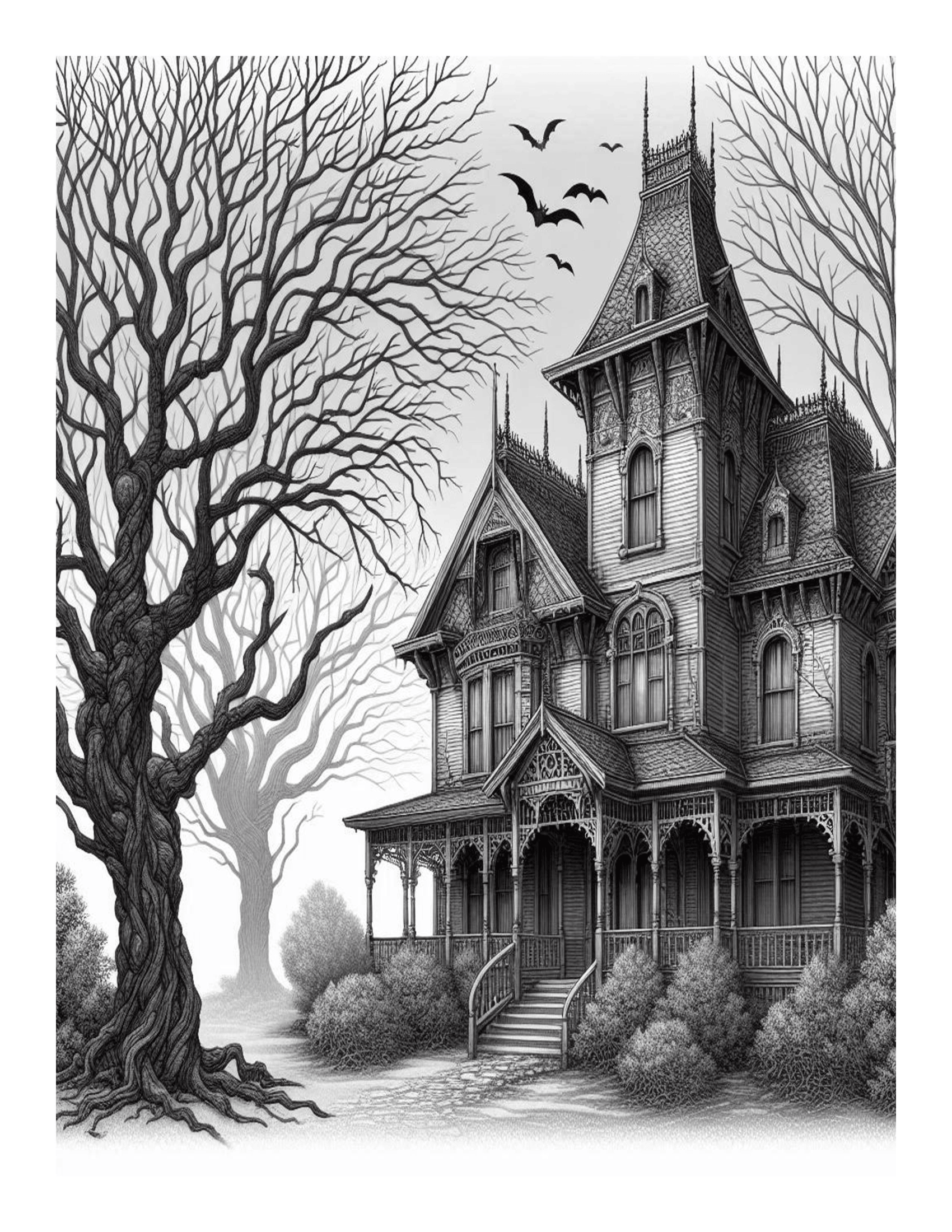 Grayscale Haunted Houses Coloring Pages: Features 25 Printable Coloring Pages 