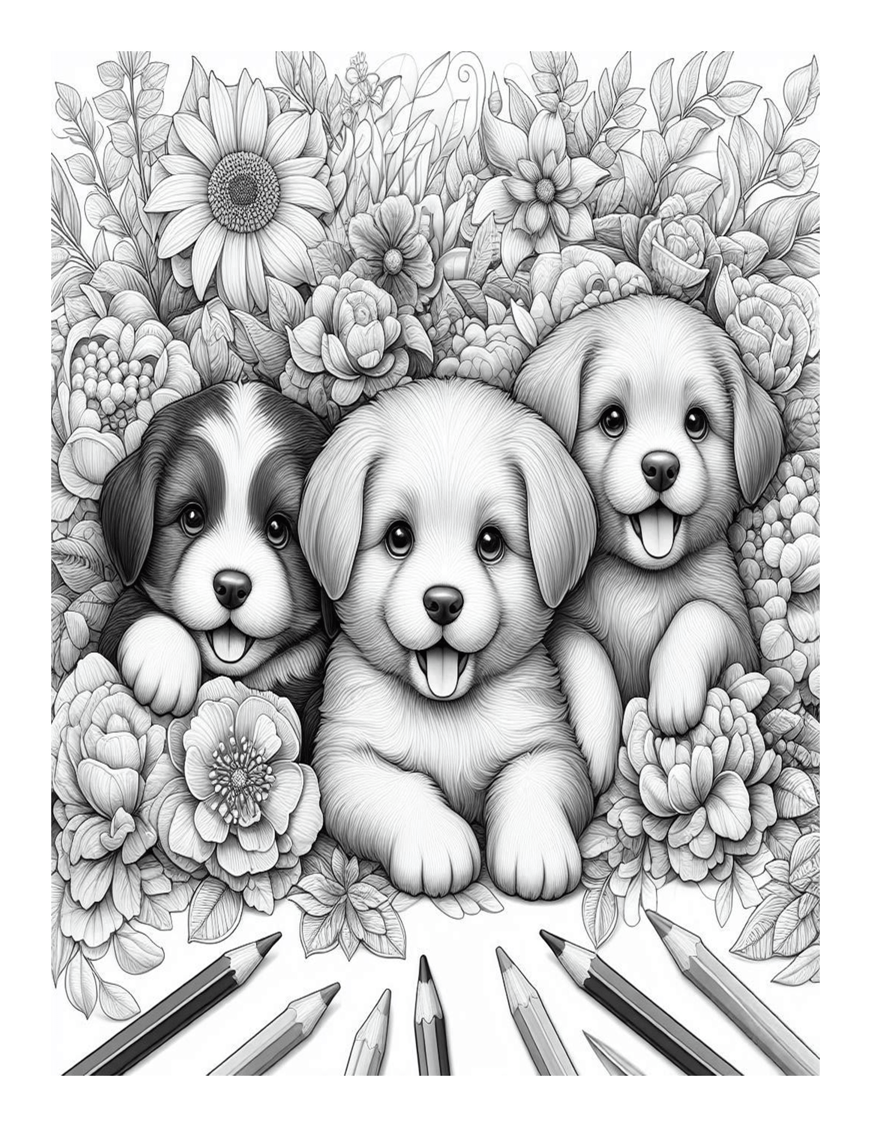 Grayscale Beautiful Dogs and Puppies Coloring Pages 