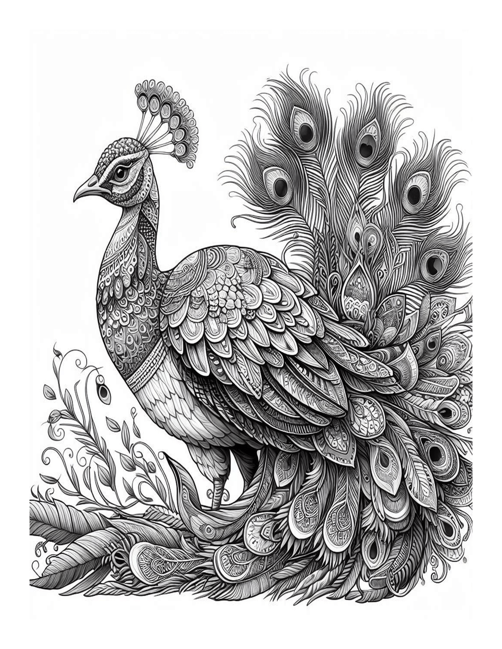 Grayscale Beautiful Peacock Designs Coloring Pages 