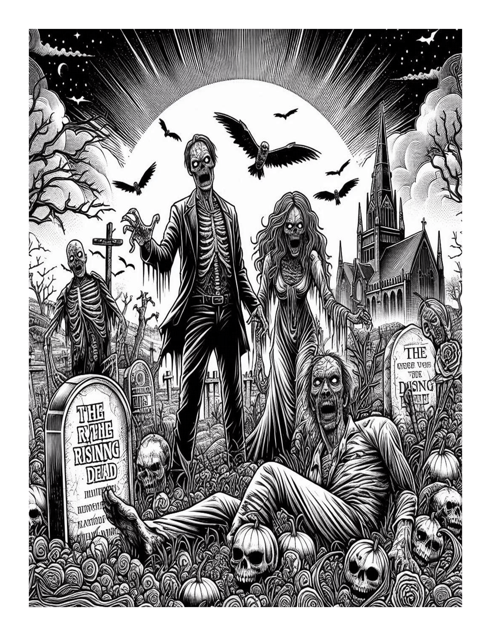 Grayscale The Graveyard Horror Coloring Pages 