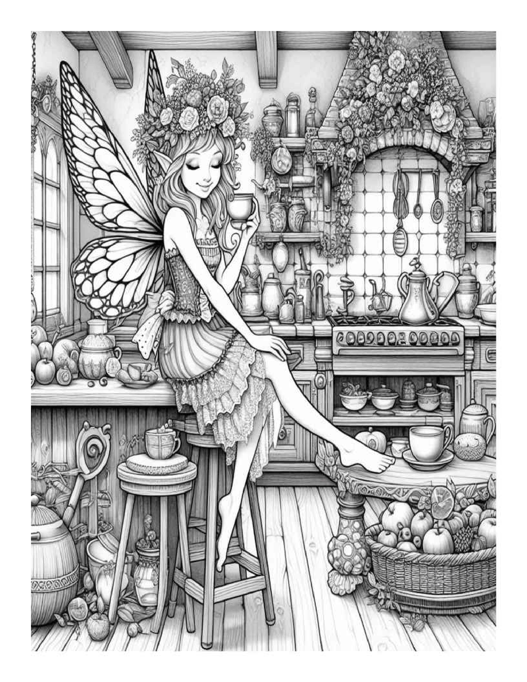 Grayscale Fairy Country Kitchen Coloring Pages for Adults (Printable PDF)