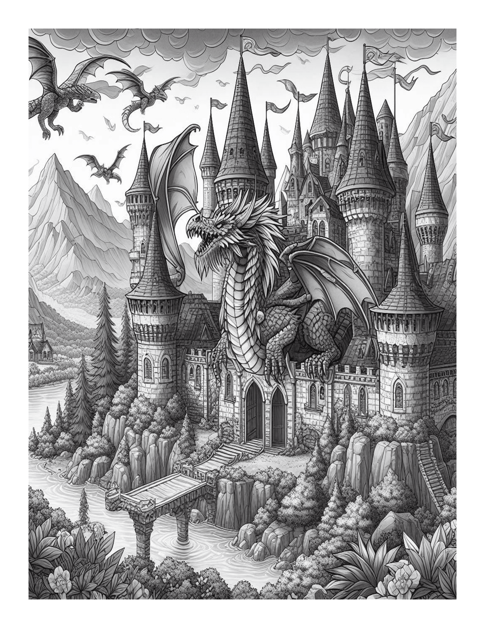 Grayscale Dragon Castle Adventures Coloring Pages